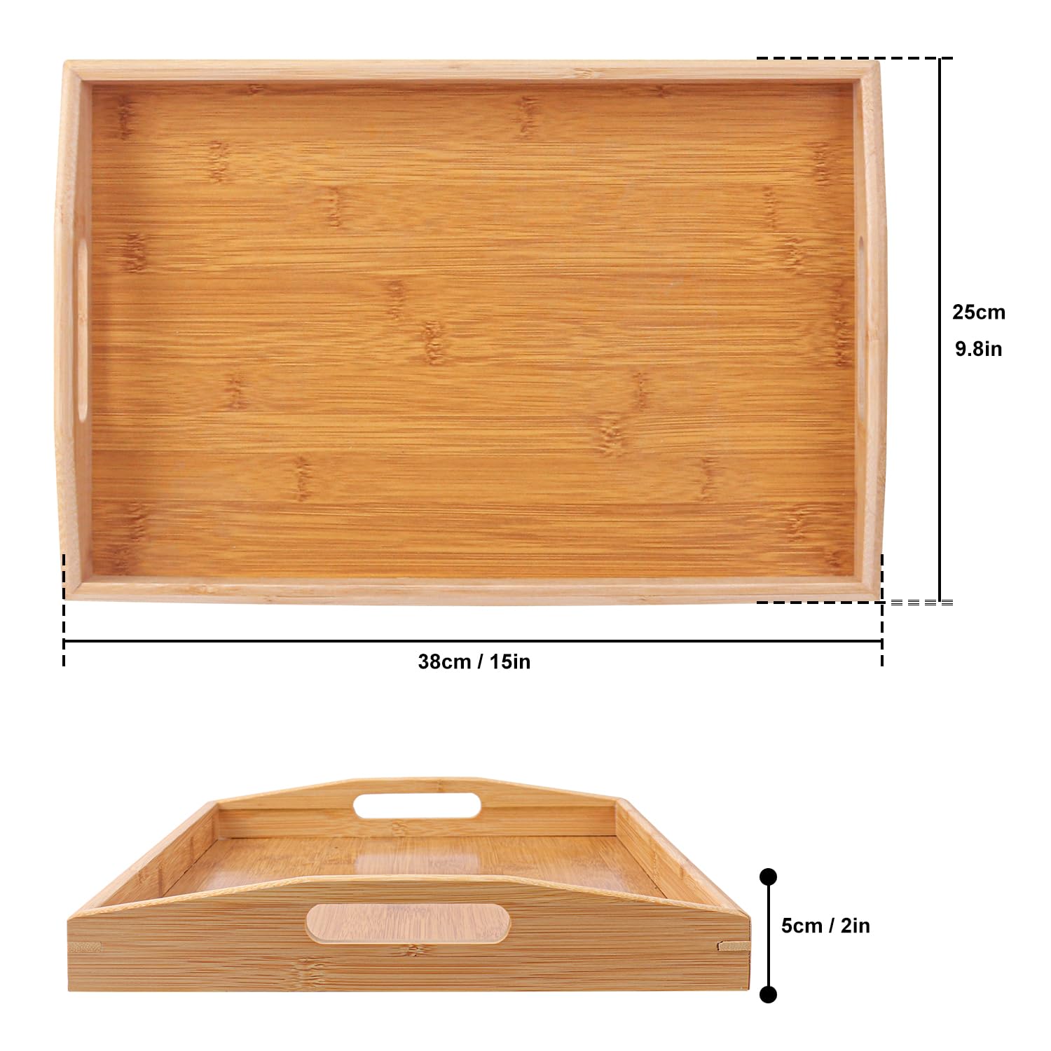 3 bandejas de bambú para servir, bandeja de cama de desayuno con asa, bandeja de madera de 15 x 10 x 2 pulgadas para servir, bandejas de cama de desayuno para comer, decorar, mostrar pasteles