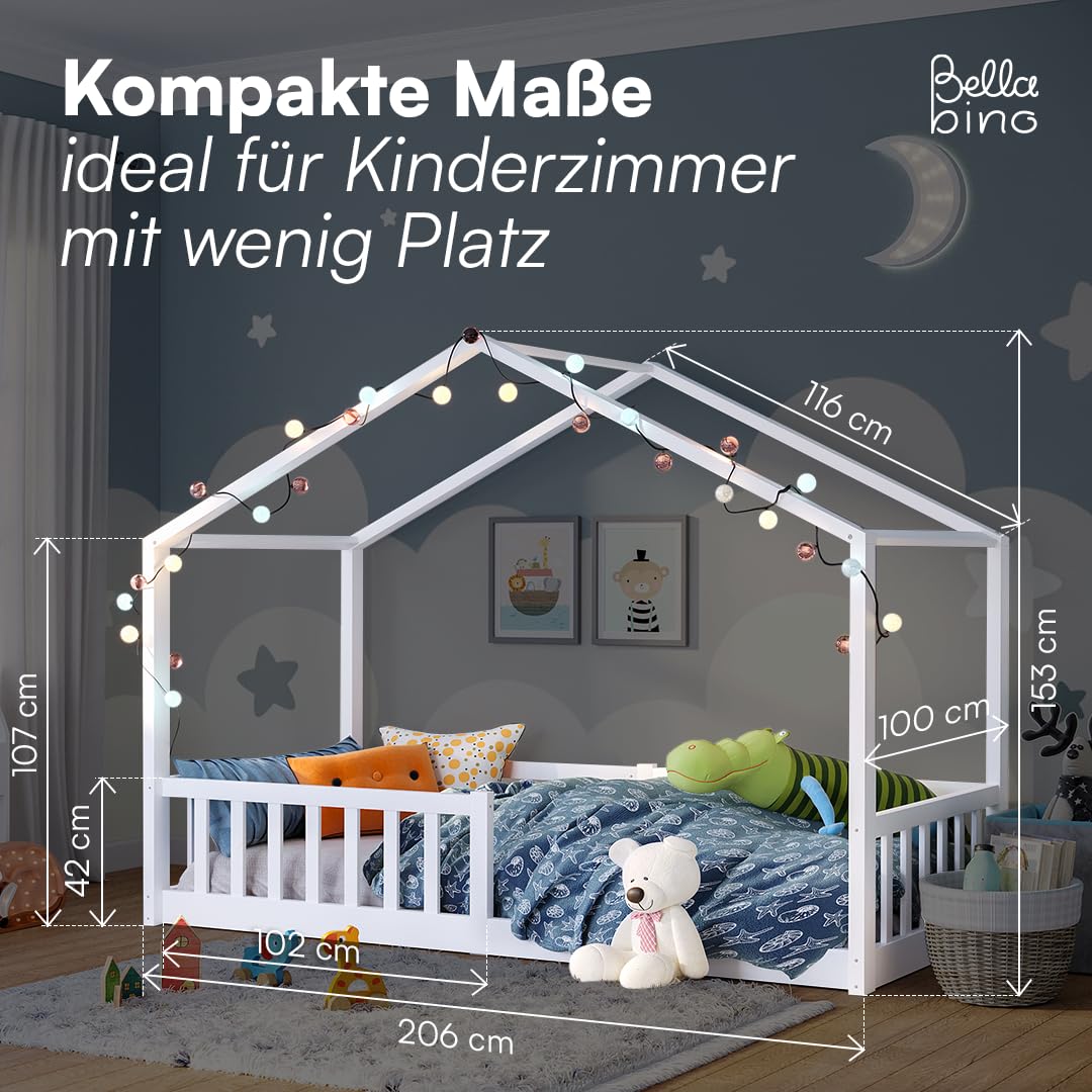 Bellabino Bia Kinderbett 90x200 cm – Bodenbett mit Rausfallschutz & Lattenrost – Hausbett aus Massivholz Kiefer – Montessori Kinder Bett in Weiß für Jungen und Mädchen