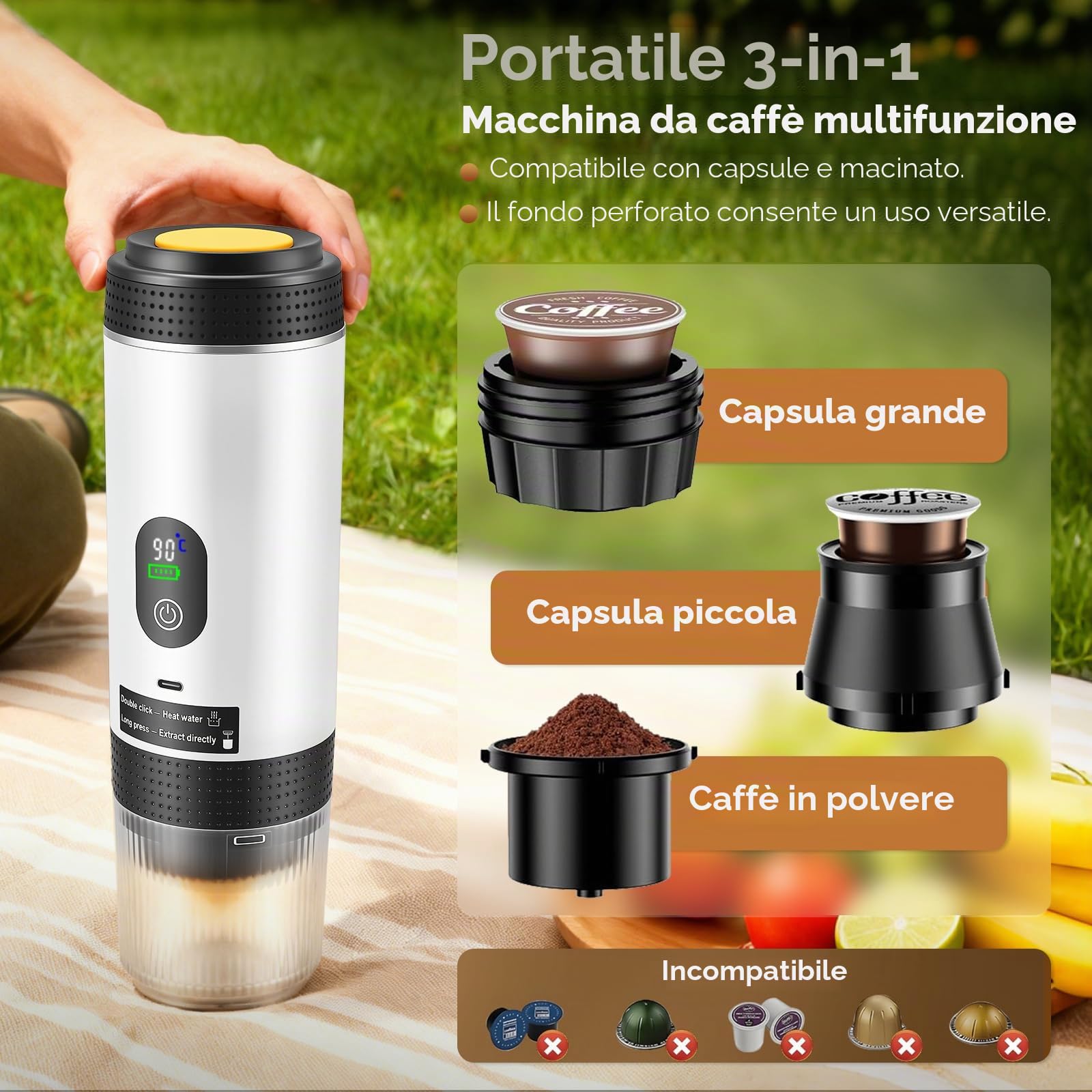 Mini macchina da caffè portatile 3 in 1 con batteria - Macchina per caffè espresso per auto USB-C - Compatibile con capsule e caffè macinato - Ideale per camper