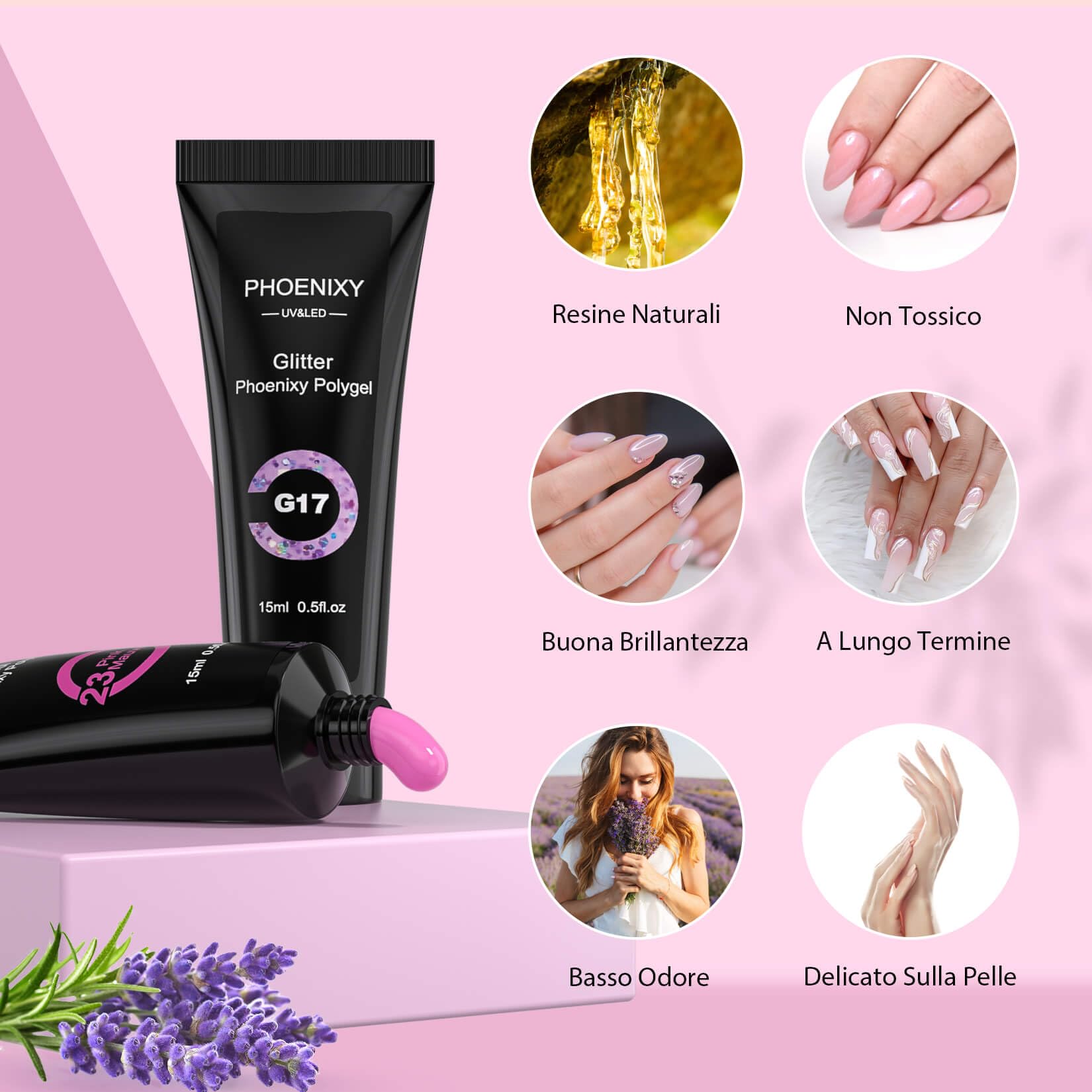 Phoenixy Kit Unghie Gel Completo 6 Colori 15 ML Gel Ricostruzione Unghie Rosa Viola Base Coat e Top Coat Kit Ricostruzione Unghie Principiante Arti delle Unghie Fai Da Te Lime per Unghie