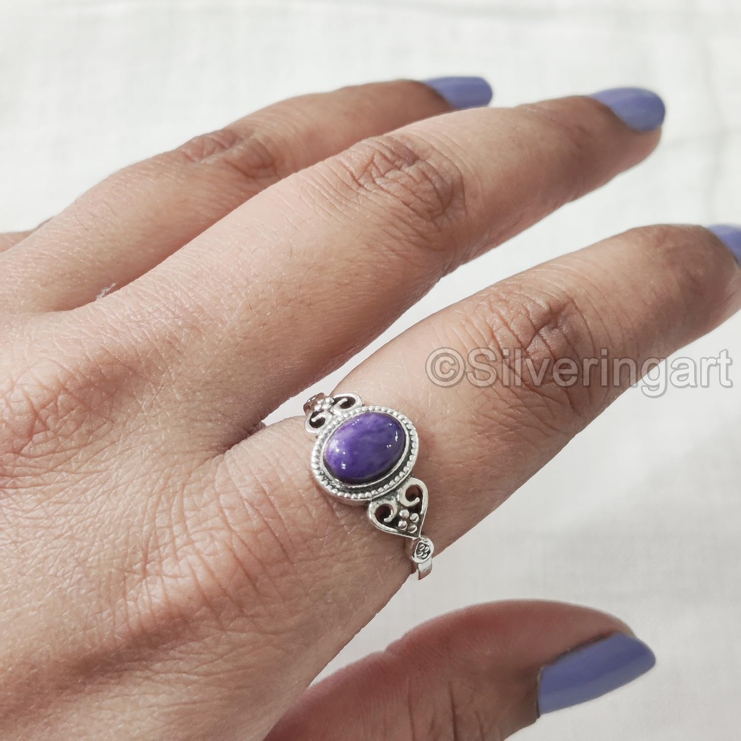 Natural Charoite Ring, AAA Charoite Gemstone Ring, Tiny Bohemian Ring, 925 Sterling Silver, Designer Womens Ring, Christmas, Thanksgiving, Handmade, Statement Jewelry, Natural Charoite
