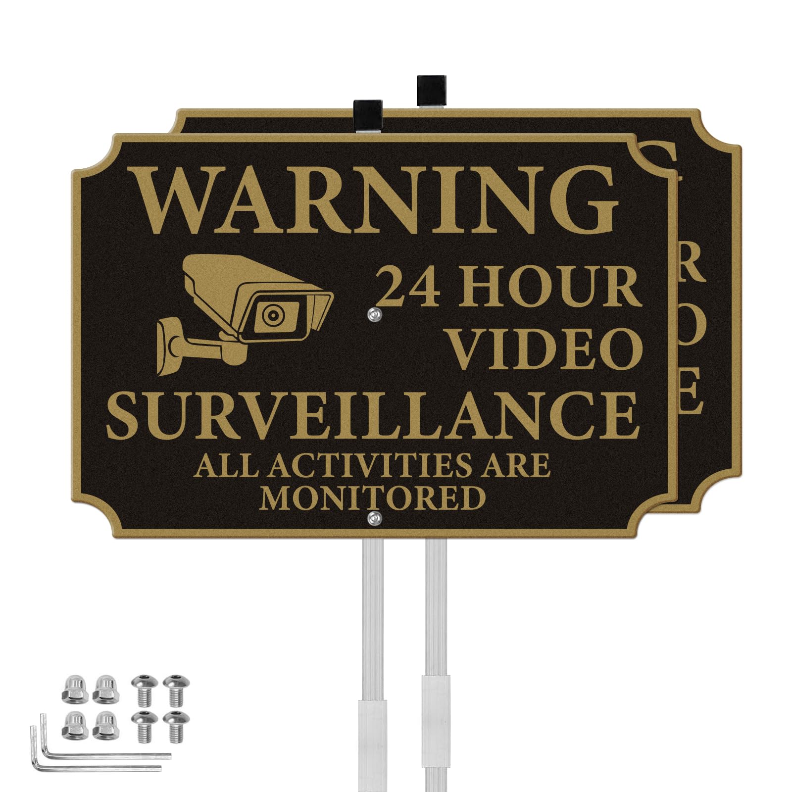 Paquete de 2 letreros de videovigilancia de 24 horas con estaca, 12 x 8 pulgadas, todas las actividades están monitoreadas, señales de advertencia de aluminio, reflectantes, con protección UV