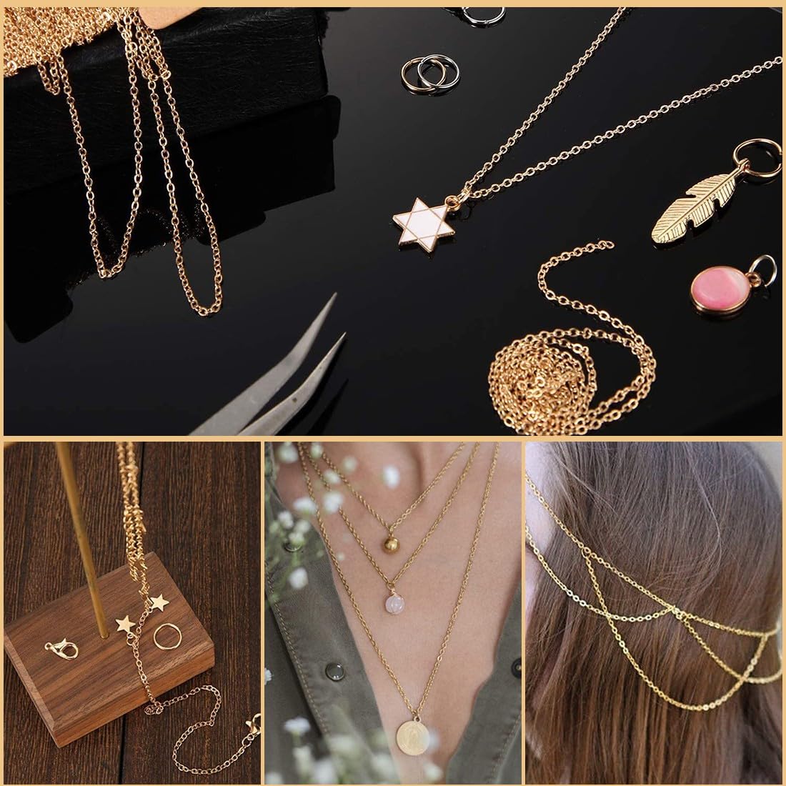 Chaîne Argentée Fermoirs Homards YUUSIKCO 1 Volume 10m Collier Chaine, Chaine Acier Inoxydable Doré,Kit De Chaînes De Collier, Chaîne En Acier Inoxydable Avec 20 Fermoirs Homards Et 50 Anneaux De Saut Pour
