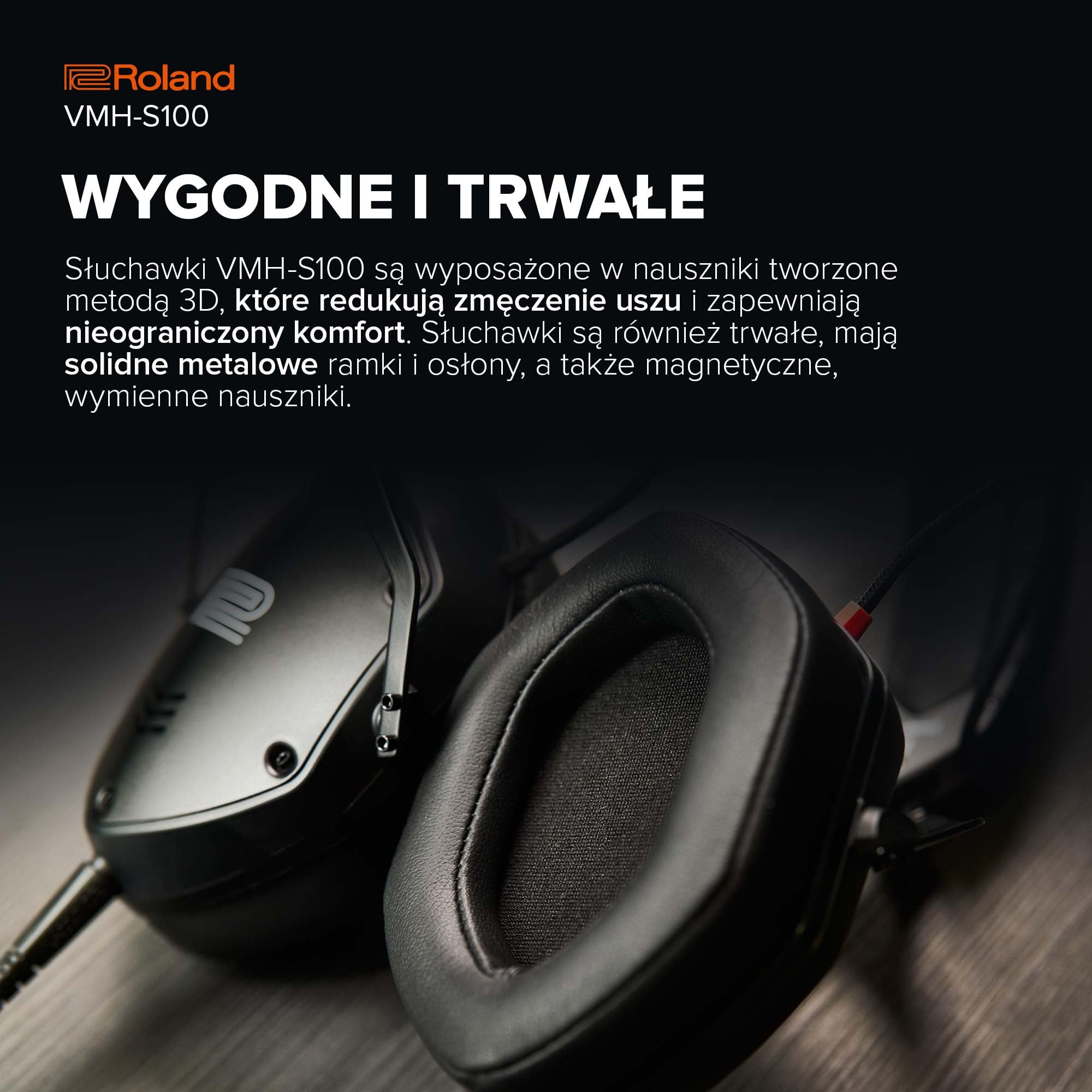Roland VMH-S100 | Słuchawki Nauszne Hi-Res do Produkcji Muzycznej | Szerokie Pasmo Przenoszenia | Niesamowita Izolacja Dźwięku | Przetwornik 50 mm | Wygodne i Trwałe