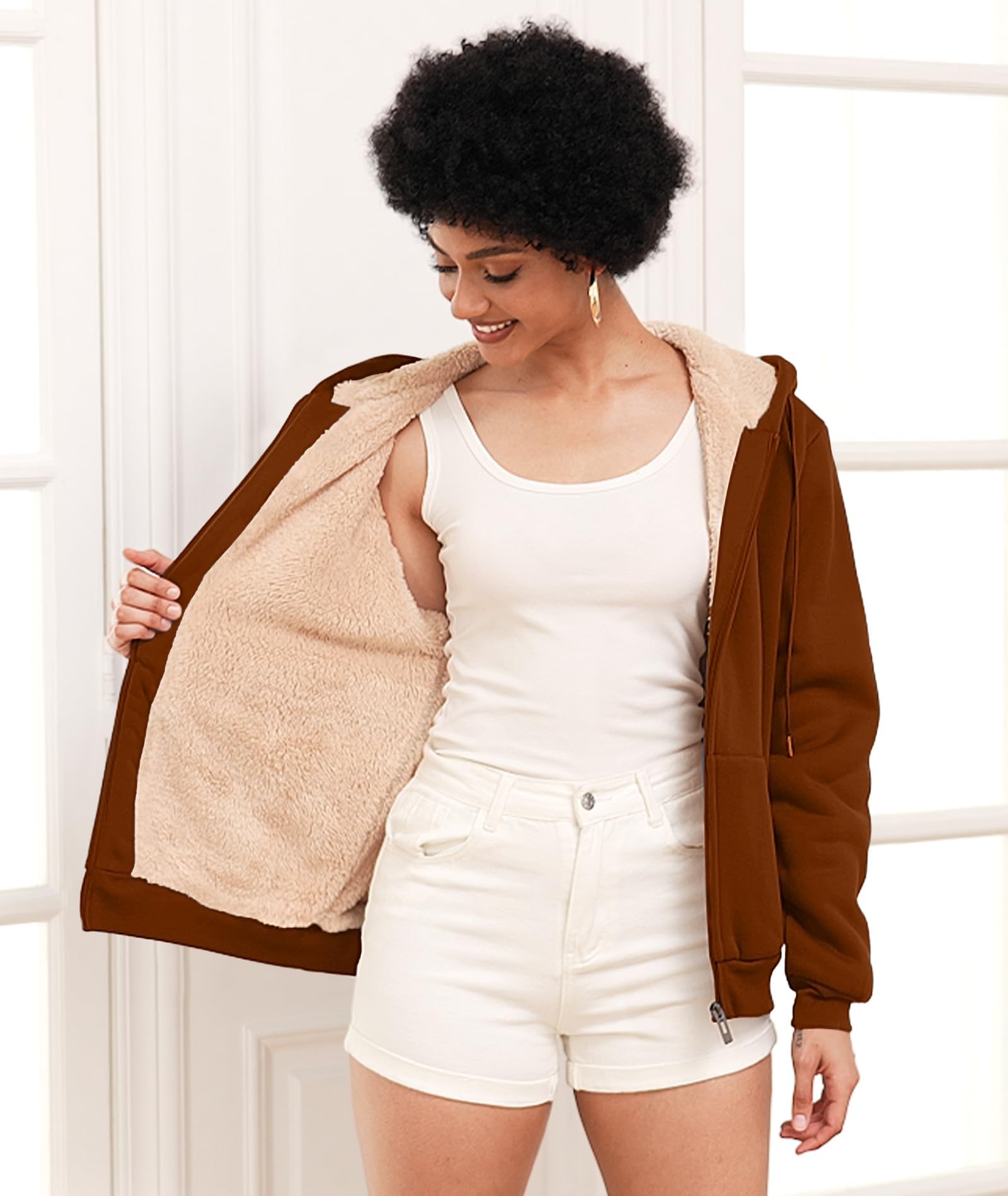 GEEK LIGHTING Felpa Donna con Cappuccio Foderata in Pile Calda Giacca Invernale con Zip Felpa Pile Donna Teddy Hoodie con Cerniera Sweatshirt Inverno Autunno S-2XL