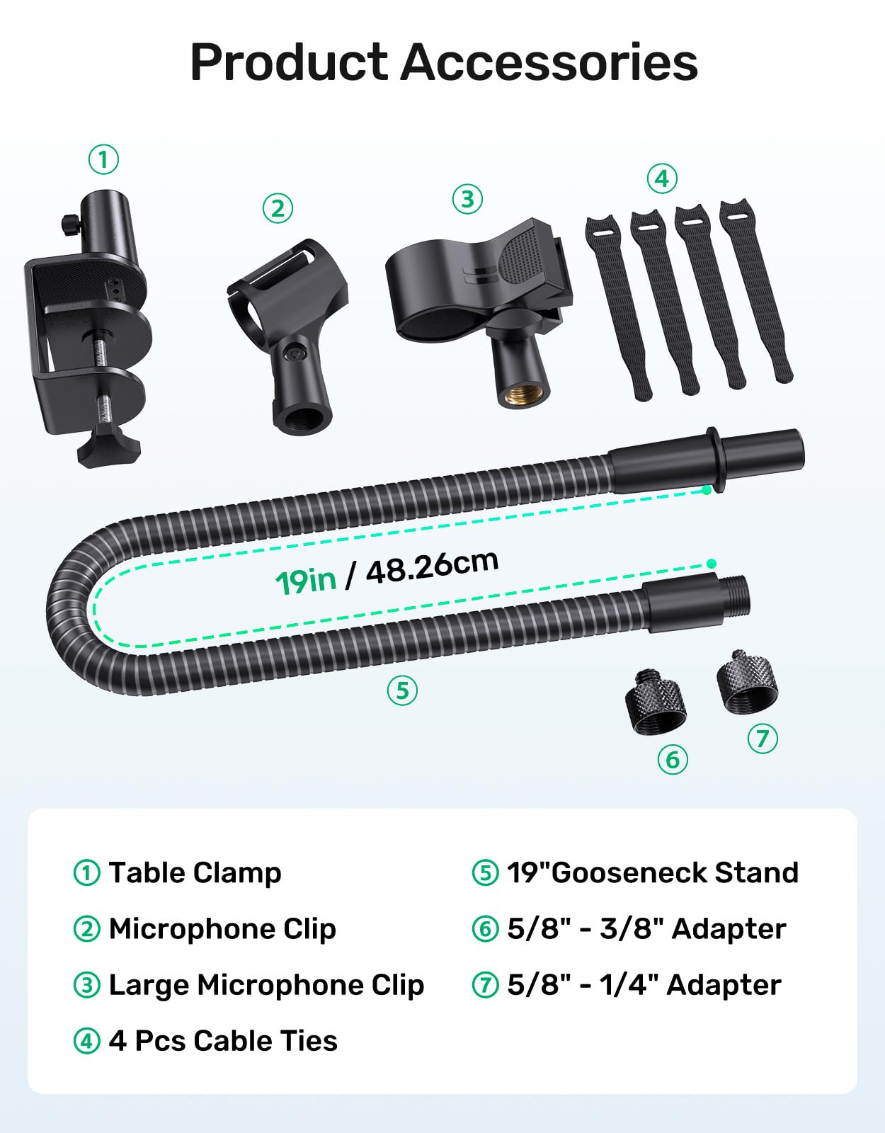 Flexibler Schwanenhals-Mikrofonständer mit Tischklemme, robust, mit 2 Mikrofonhaltern, 0,6 cm und 0,95 cm Adapter, für Gaming, Live-Streaming, Podcast, Konferenzen und Podium, 48,3 cm (19 Zoll)