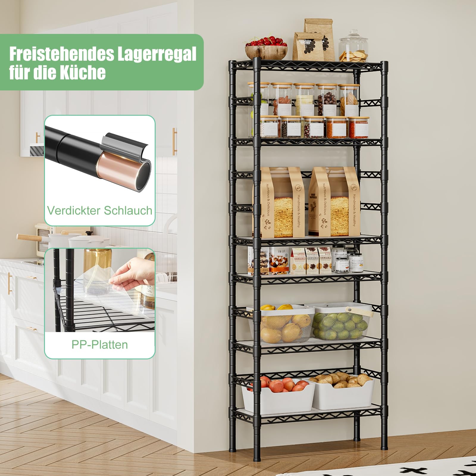KZOBYD 6-stöckiges Metallregal, Lagerregal mit Höhenverstellbar Regalböden, Robustes Standregal Küchenregal, Regale für Küche, Bad & Büro, Schwarz
