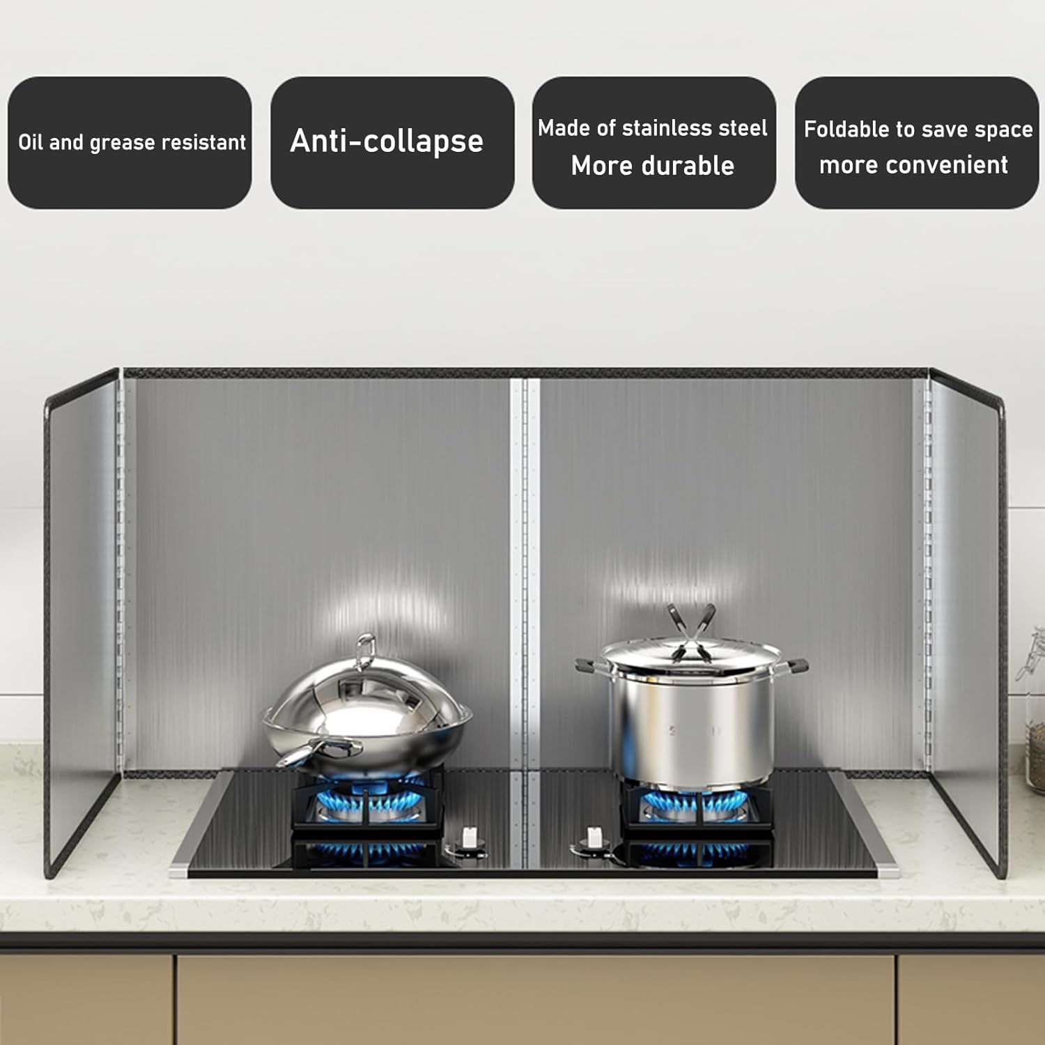 Grease Splatter Guard, Stainless Steel Splash Shield for Kitchen Stove, Foldable 4-Sided Backsplash, Oil Barrier Protective Panel