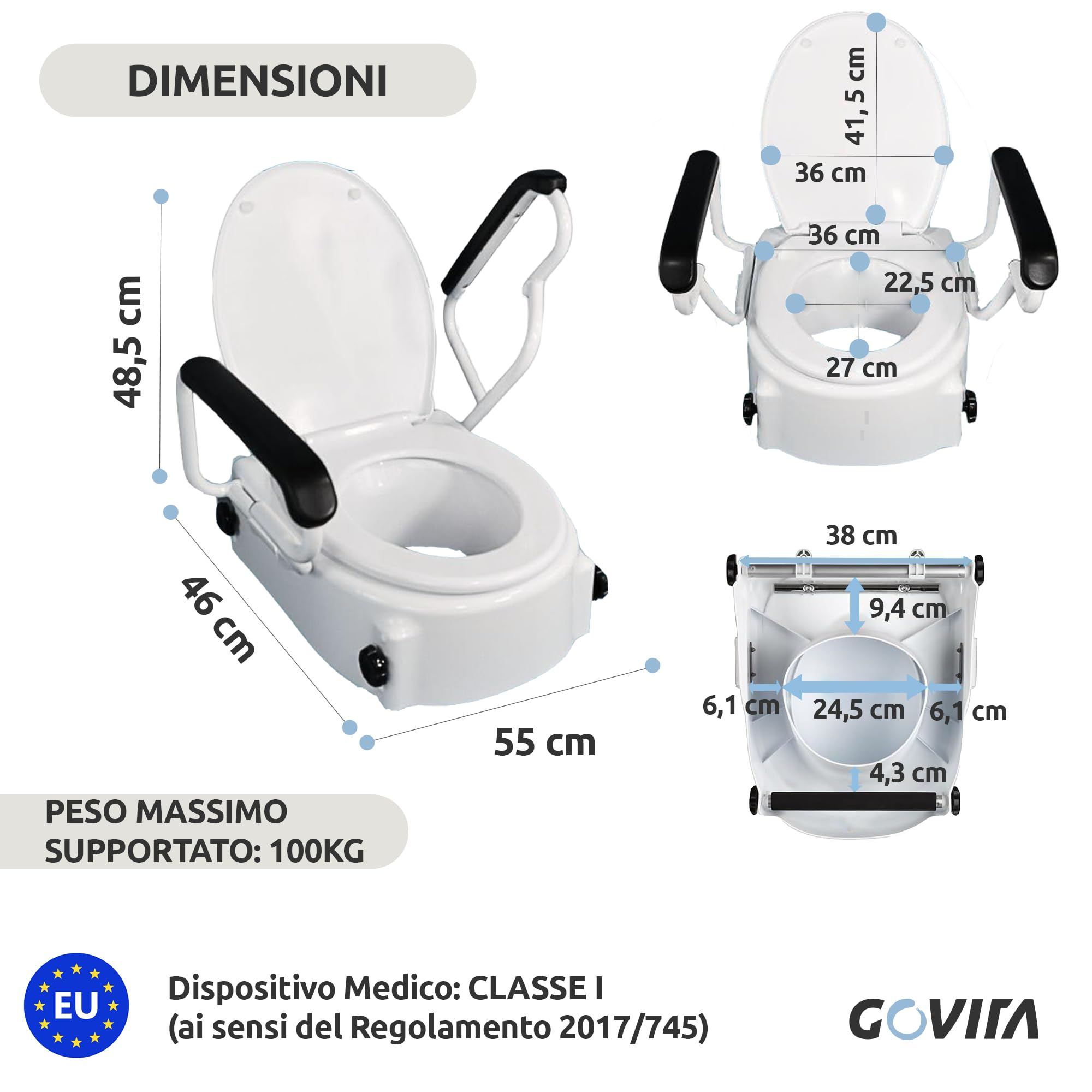 GOVITA - Rialzo WC con braccioli e Coperchio, Universale, per Anziani e Disabili, Sollevatore WC per Bagno, Sedile Ergonomico, Facile da Pulire (ALTEZZA REGOLABILE)