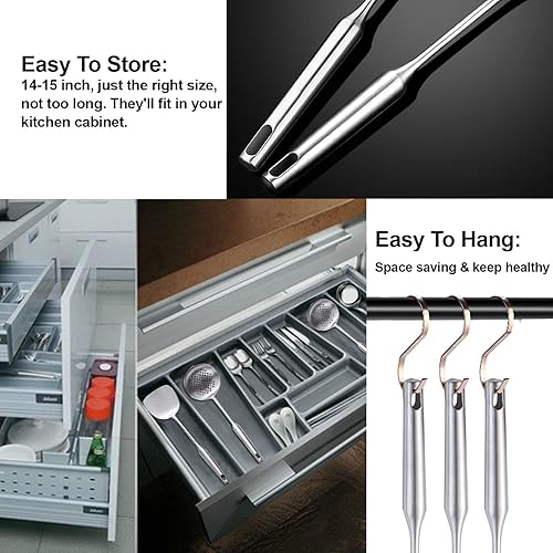 Miniatura 7 de NIITAWH Utensilios de cocina de acero inoxidable 304, juego de 9 utensilios de cocina de metal, cuchara sólida, cuchara ranurada, tenedor, espátula,
