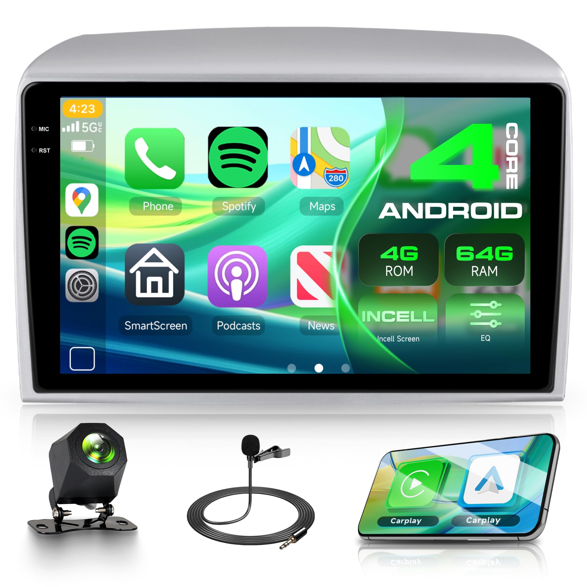 Rimoody 4G+64G Android Autoradio per Lancia Ypsilon 2006-2011 Wireless Carplay Android Auto, 9 Pollici Incell Touchscreen Radio con GPS Navi WiFi Bluetooth FM/RDS/EQ/USB SWC Telecamera Posteriore