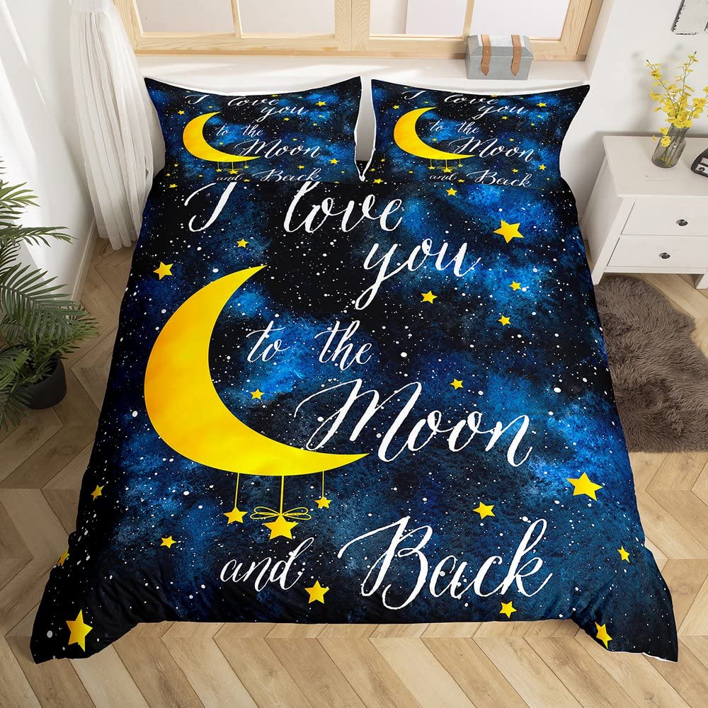 feelingyou Stars and Moon Duvet Cover Set Single Size, Watercolor Navy Blue Galaxy Space Nebula Universe Comforter for Kids Boys Room, I Love You in the Back Quilt with 1 Pillowcase, 53''x79''