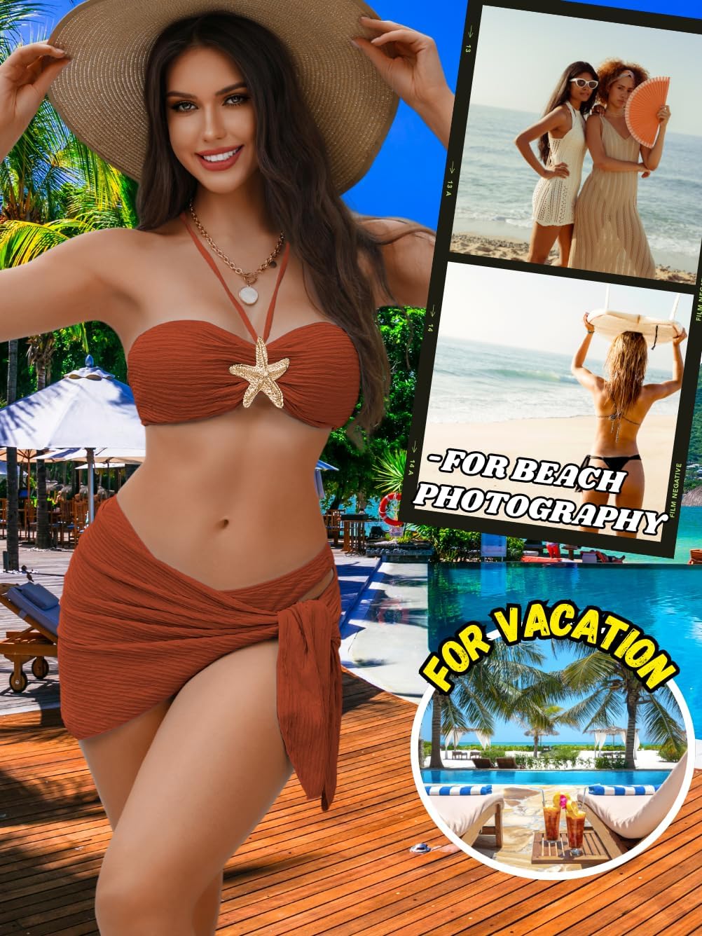 Sexy Womens Starfish 3 Piece Bikini Set, Textured Halter Bandeau Swimsuit Cover Up Skirt, Bathing Suit Beach Outfits - Image 7