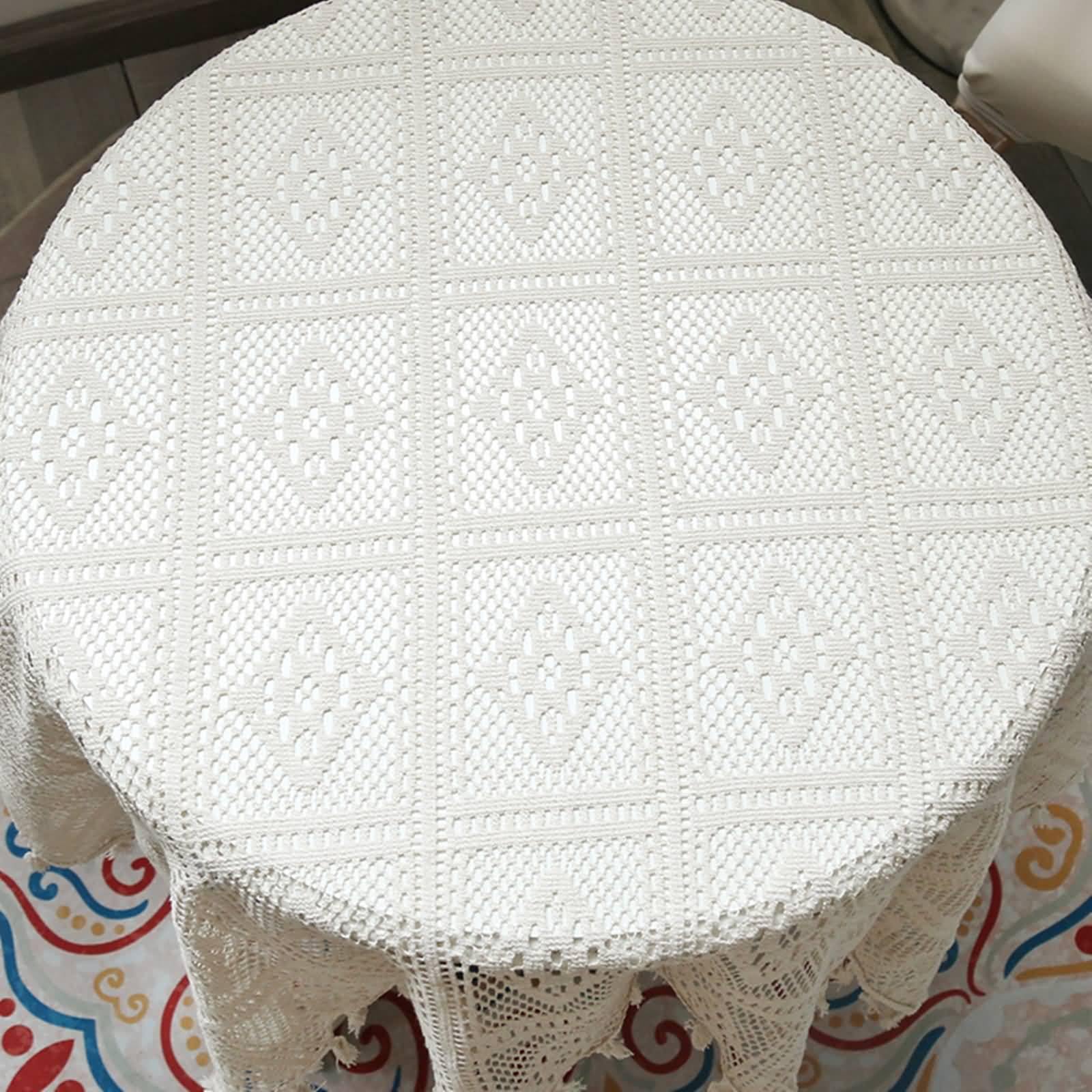 Gualiy Polyester Tischdecke Rund, Tischdecken 140 x 160 Tischdecke Abwaschbar Antirutsch Geometrischer Hohl Strick mit Quasten Tischdecken für Küche, Cremig Weiß