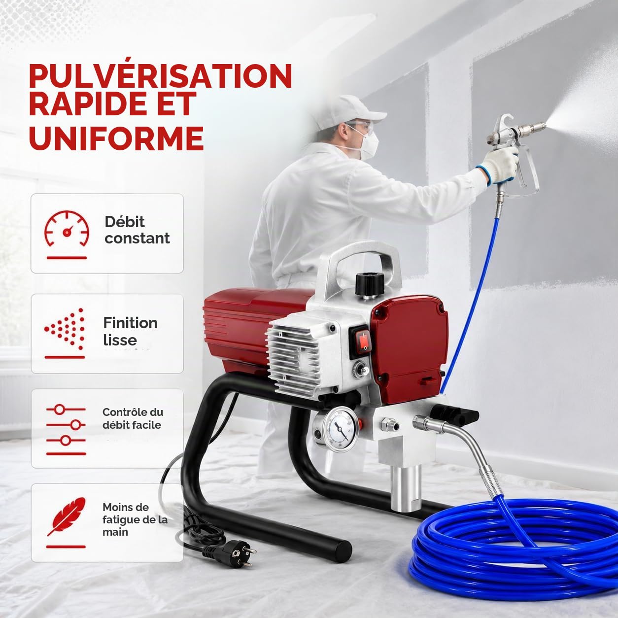 Pulvérisateur de Peinture Airless Électrique, Système de Peinture sans Air avec Pistolet et Tuyau Haute Pression, Pompe à Peinture Murale pour Murs, Plafonds, Clôtures, Meubles, Intérieur Extérieur