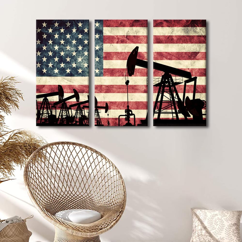 3 Pieces Oil Pump Jack on Flag of USA Canvas Wall Art American Petroleum Extraction Home Decor for Living Room American Flag Wall Decor Artwork for Home Walls Framed Ready to Hang (14x28 inch x3)