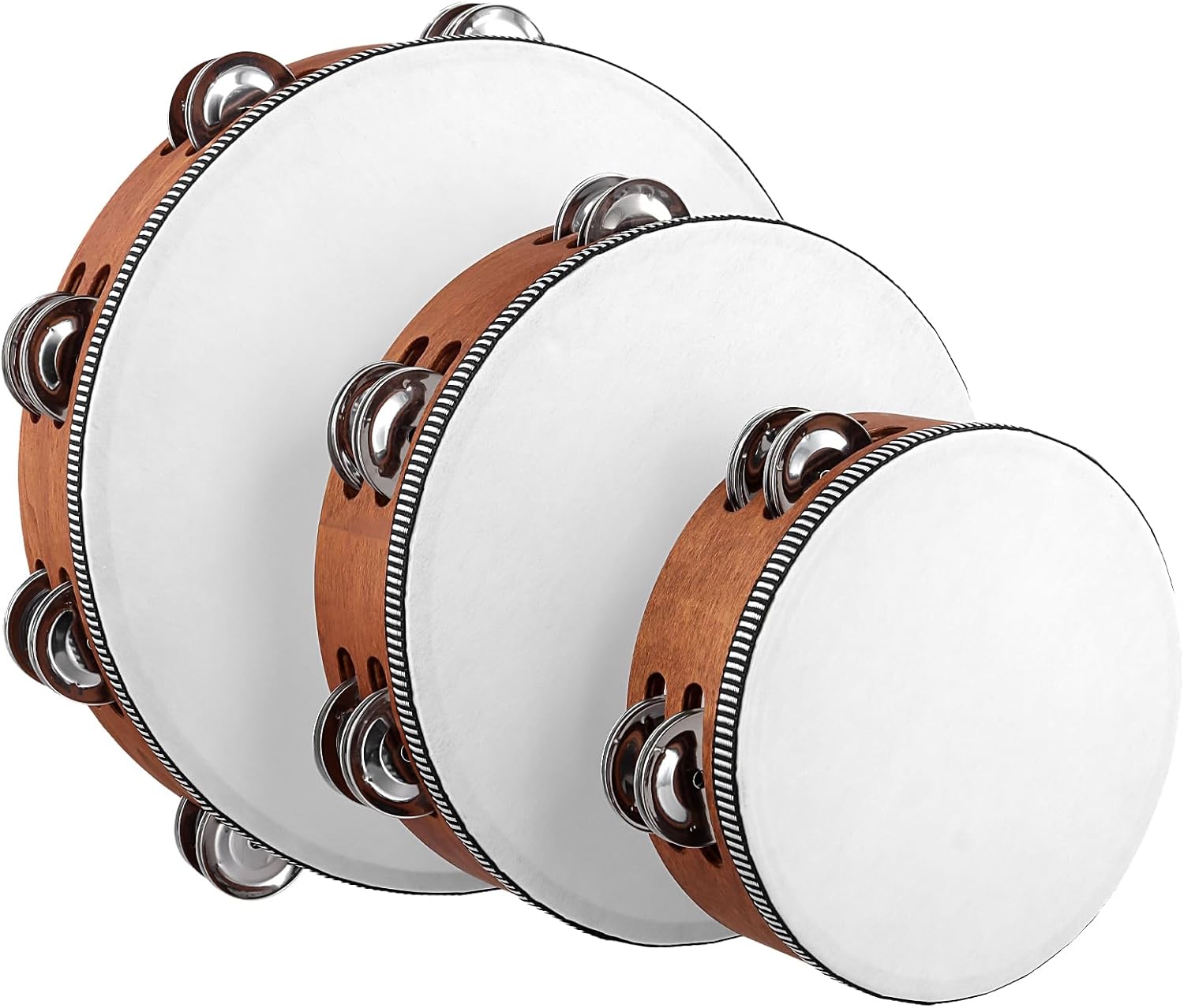 3 Pack Wooden HandHeld Tambourine Set, 6 Inch 8 Inch 10 Inch Double Row Tambourines for Adults for Party, Dance, Wedding, Brown
