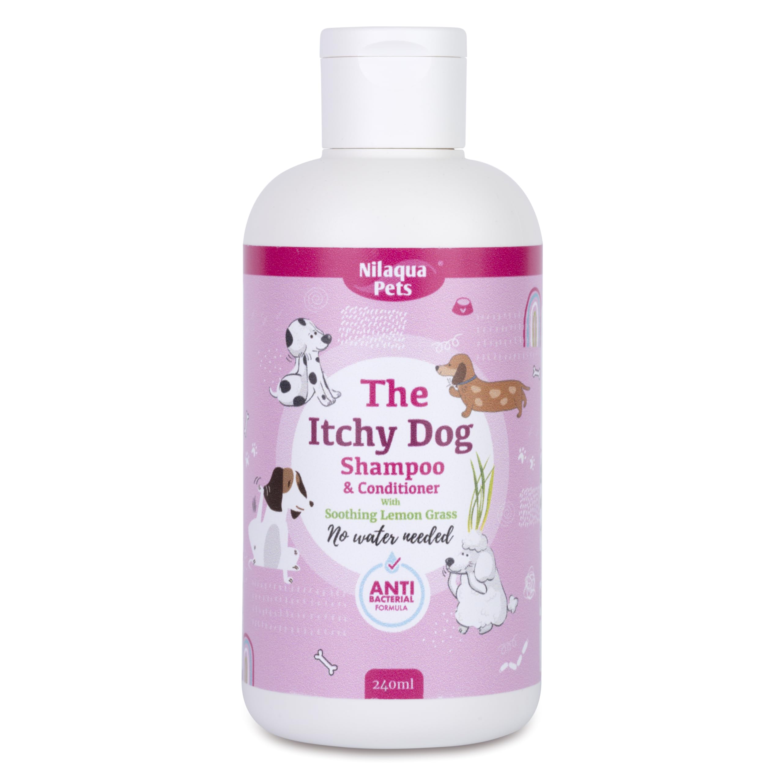 Nilaqua Pets The Itchy Dog Shampoo & Conditioner 240ml – No Water Needed Antibacterial Dog Shampoo – Soothing Lemongrass Formula for Itchy, Sensitive Skin