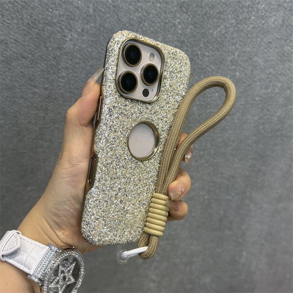 Etui z błyszczącymi diamentami i kryształkami do iPhone'a 12 13 14 15 16 Pro Max Plus, błyszczące, wstrząsoodporne, z paskiem na nadgarstek i osłoną na przewód, złote, do iPhone'a 16 Pro