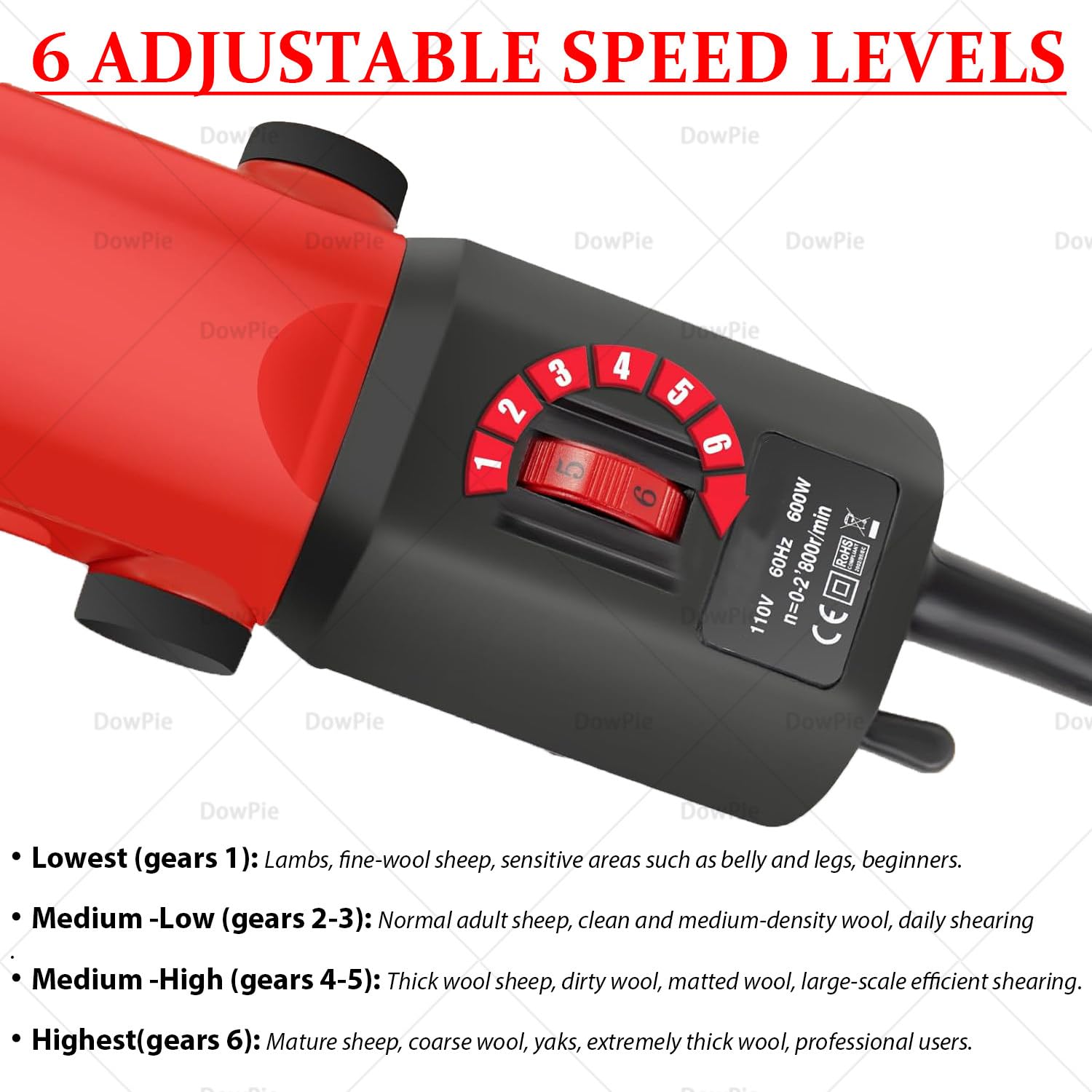 Esquiladoras y cortapelos Profesionales de Alta Resistencia para ovejas, 6 Niveles de Velocidad Ajustables, Potente Motor de 690 W, para la mayoría de los Animales de Pelaje Grueso. Black-220v