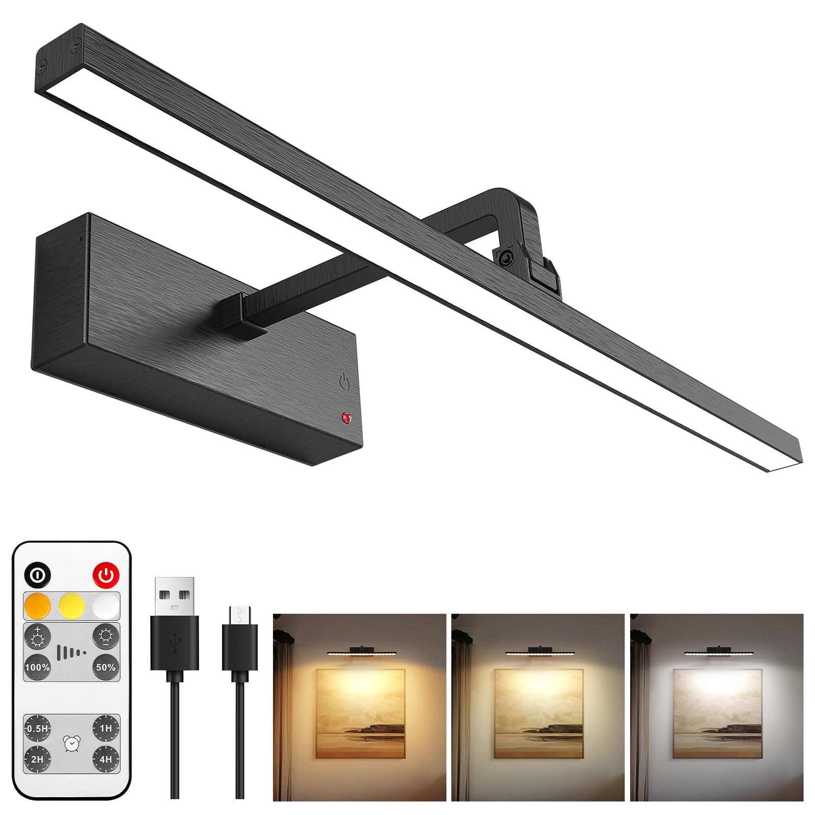 Picture Light for Wall 5200mAh Rechargeable and Battery Operated 2in1,Painting Lights for Art Display Gallery,Rotatable Dimmable Timer/Lighting up Pictures Poster Frame Dartboard in Room Hallway