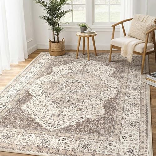 Washable Rug 5x7 Area Rugs for Living Room Bedroom Dining Room Home Office Floor Decor -Stain & Fade Resistant Non Slip Backing Carpet,Ultra-Thin Vintage Large Area Rug (Brown/Beige,5'x7')