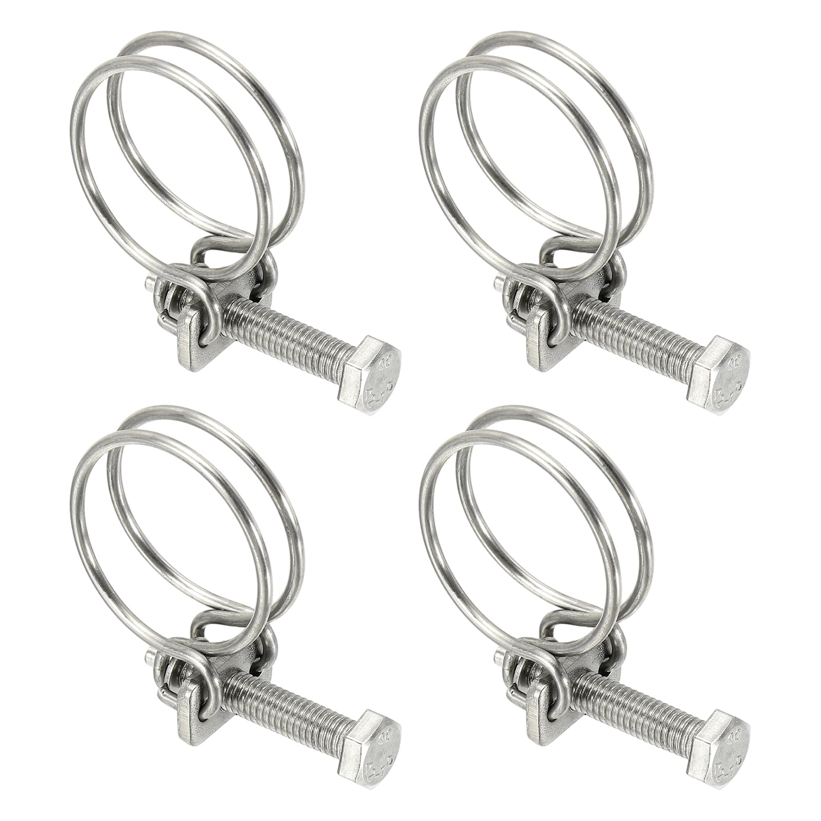 sourcing map 4 Pcs Double Wire Hose Clips 24-27 mm 304 Stainless Steel Adjustable Wire Pipe Tube Clamps with M6 Screw Plumbing Joint Fastener for Dust Collection Pool Pond, Silver