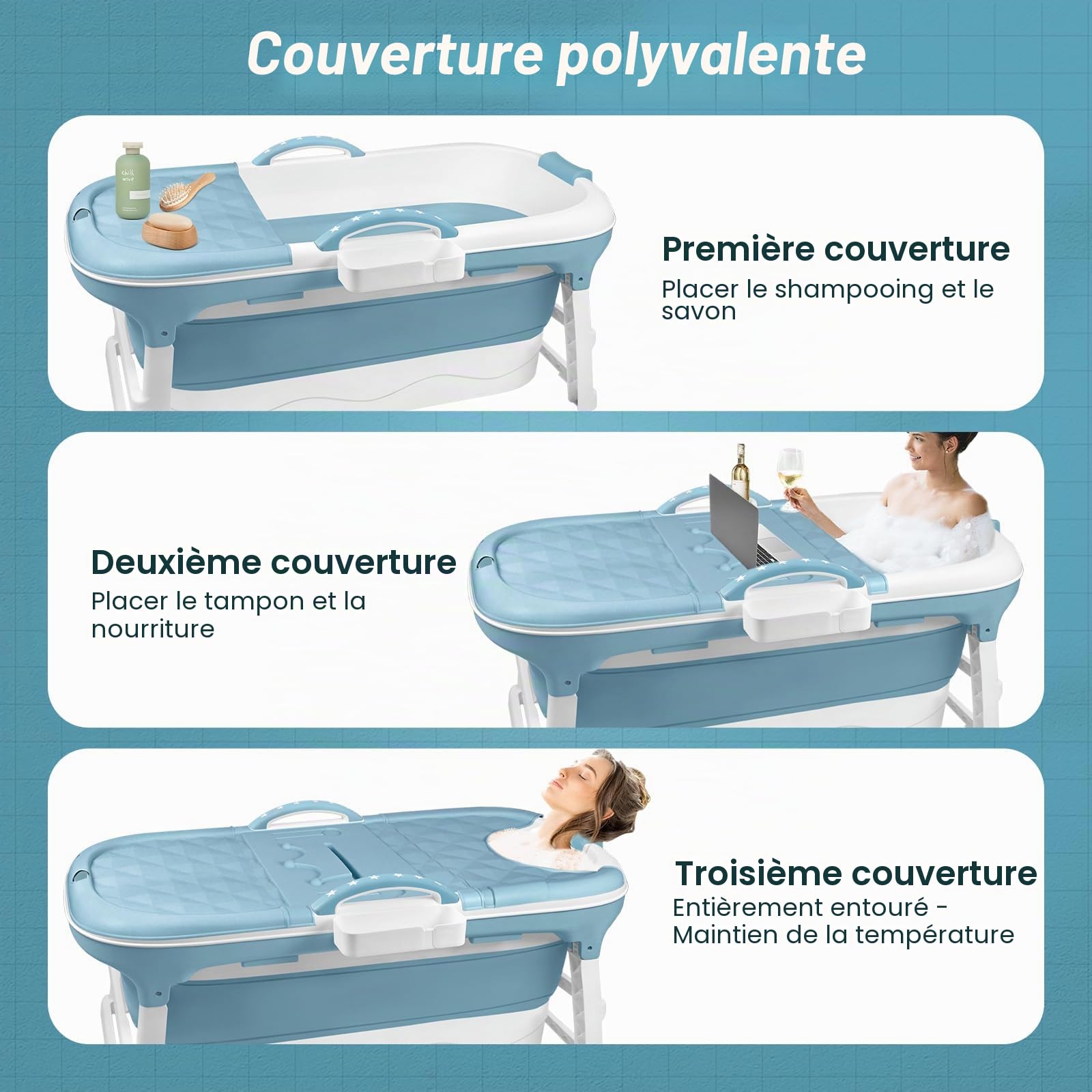 Baignoire Pliable pour Adulte - 148 x 62 x 53 cm - Mobile avec Couvercle - Panier à Savon Portable - Roulettes de Massage - Idéal pour Petites Salles de Bains