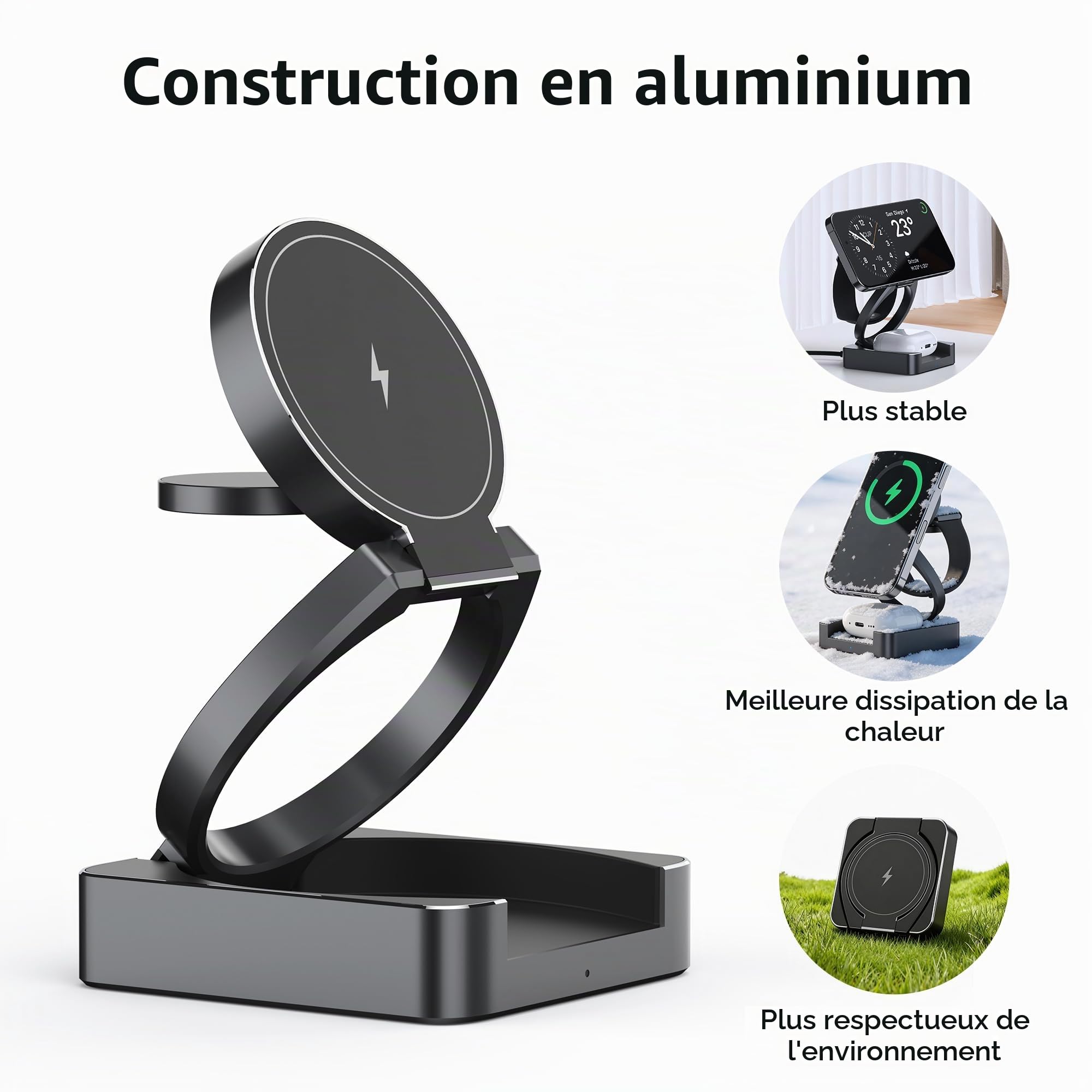 Chargeur Induction 3 en 1 Qi2 15W Magnétique en Aluminium pour iPhone 17/16/15 Pro Max, AirPods 4/3/2/Pro, Apple Watch S10/9/8, Station de Charge Rapide sans Fil pour Plusieurs Appareils