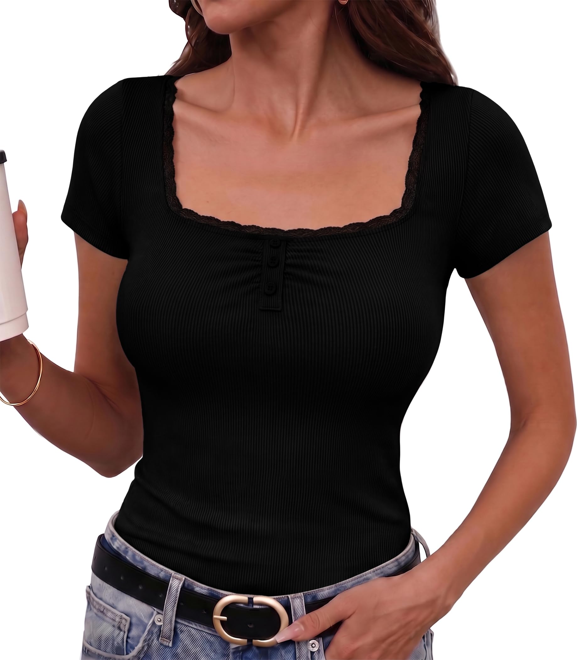 Totatuit T Shirt Damen Kurzarm Quadratischer Ausschnitt Sommer S-XXL | Elegant Stretch Oberteile,Feine Rippstruktur, Spitzenkante, Drei Knöpfe, Figurbetonte Silhouette, für Y2K Looks Alltag Urlaub