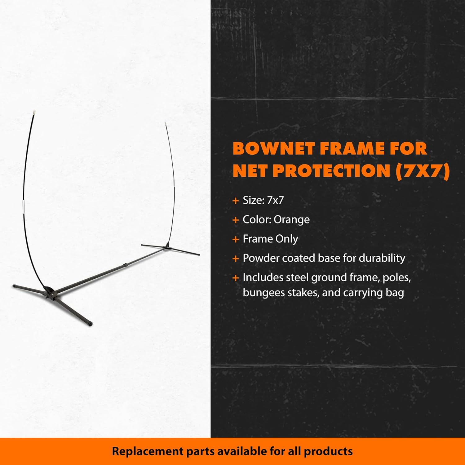 Bownet Frame for Net Protection (7x7) Powder Coated Base - Includes Steel Ground Frame, Poles, Bungees Stakes, and Carrying Bag - Frame ONLY, Orange