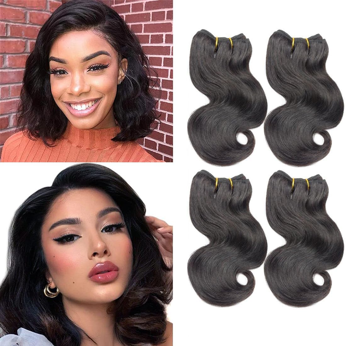 8 Inch Body Wave Bundles Human Hair 4 Bundles 12A Brazilian Body Virgin Hair 100% Unprocessed Short Human Hair 50 Gram/Bundle Natural Color (8"8"8"8")