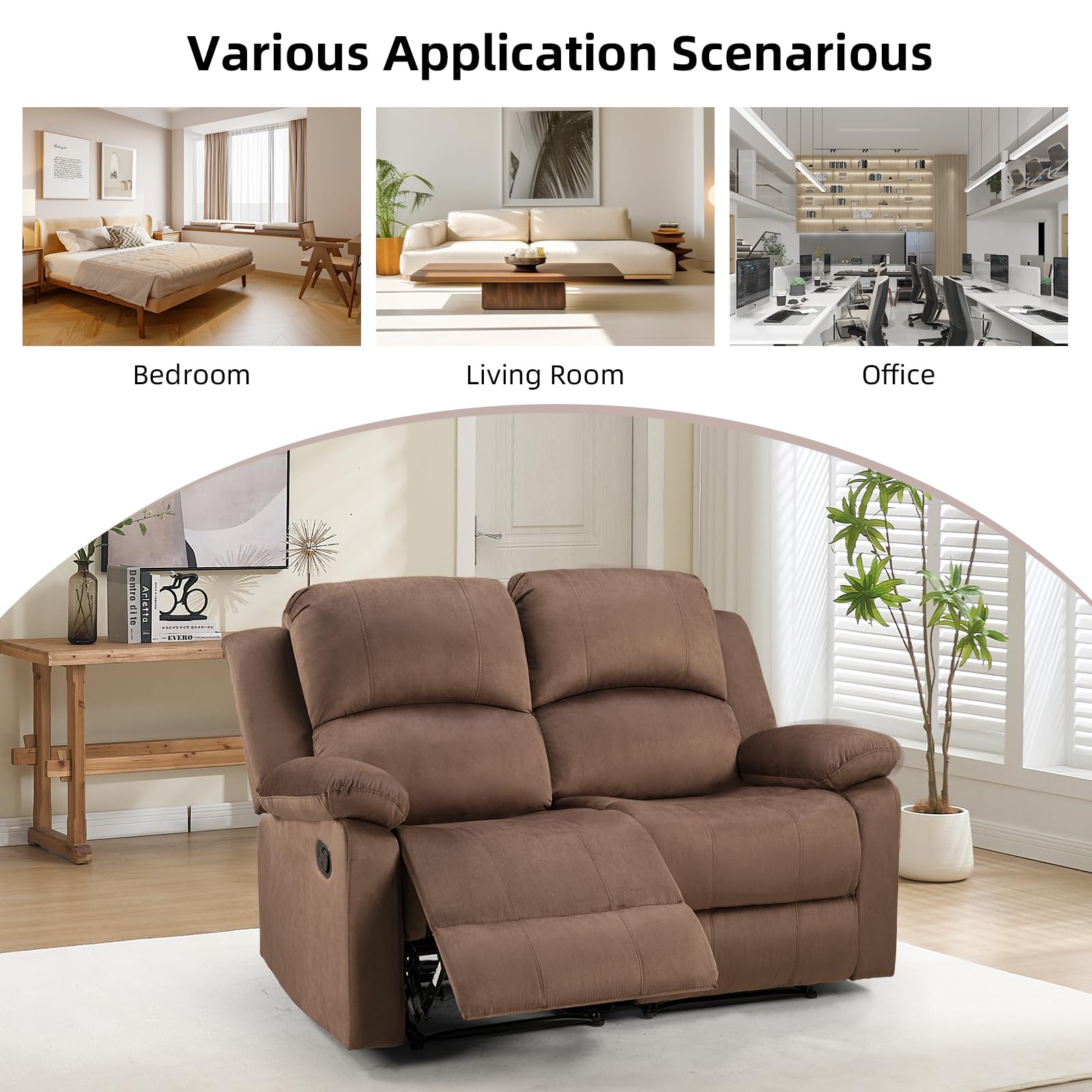 EBELLO Manual Loveseat Recliner Sofa, Soft Microfiber Reclining Couch with Overstuffed Arms and Back, Double Seat Recliner Couch for Living Room, Meeting Room, Brown view 6