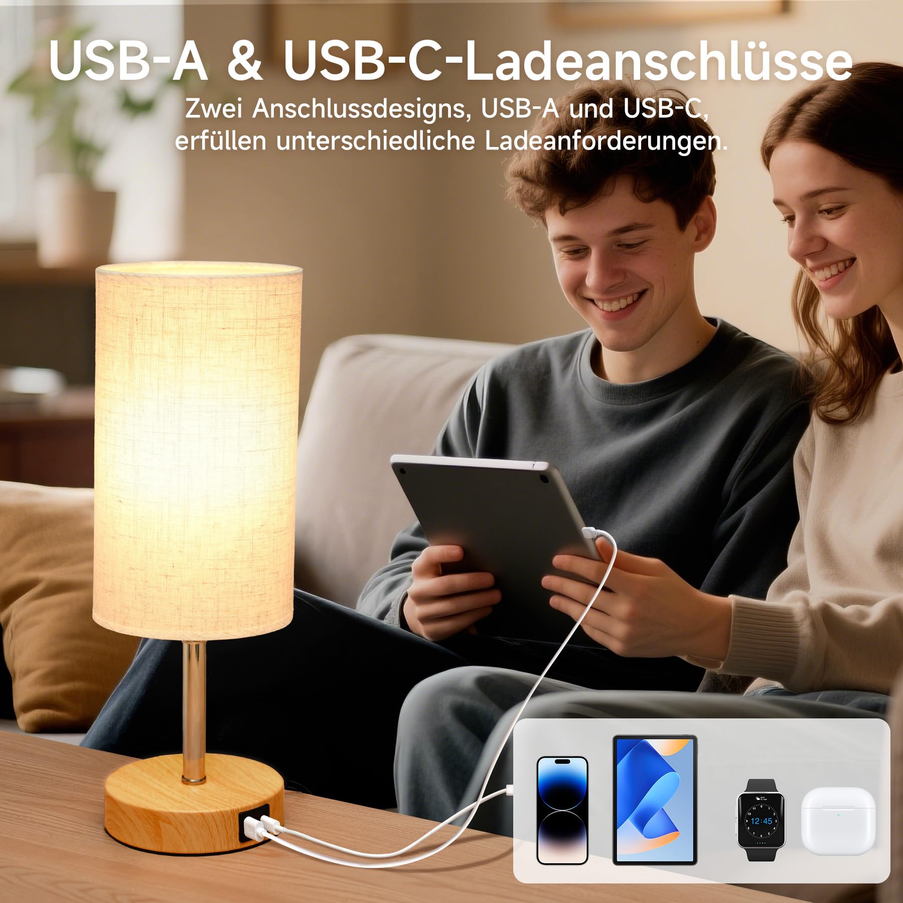 Görvitor Lampada da comodino Touch dimmerabile, set da 2 pezzi, lampada da tavolo con porte di ricarica USB-A/C, paralume in lino e 3 livelli di luminosità, lampada da comodino con cavo per camera da
