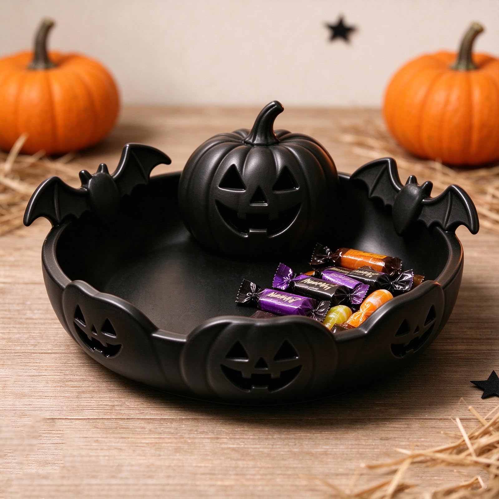 Halloween Pumpkin Candy Bowl Reusable Candy Container for Parties (Black)