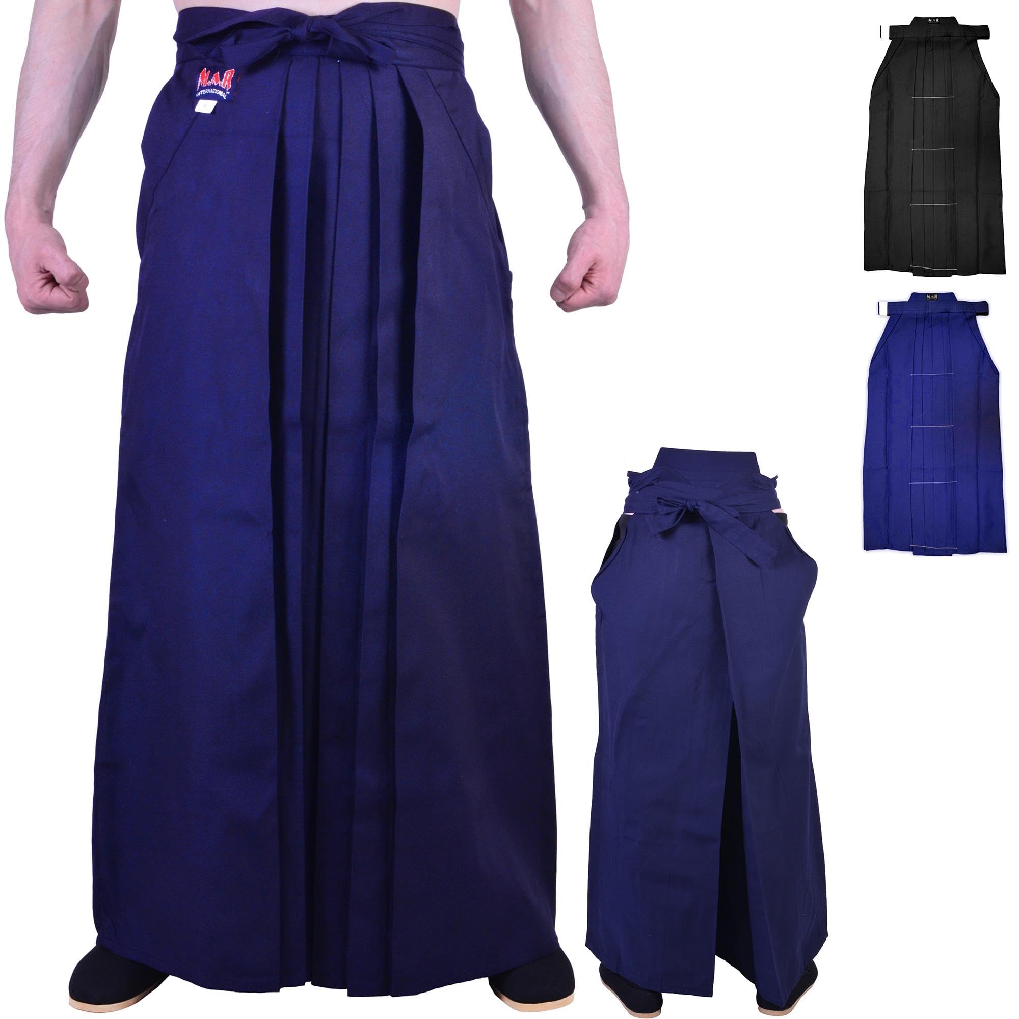 MAR | Traditional Hakama for Aikido, Black/Blue Hakama, Kendogi Japanese Style Hakama for Iaido, Martial Arts Skirt, Kendo Hakama Attire — Heavy-Duty Polycotton Fabric
