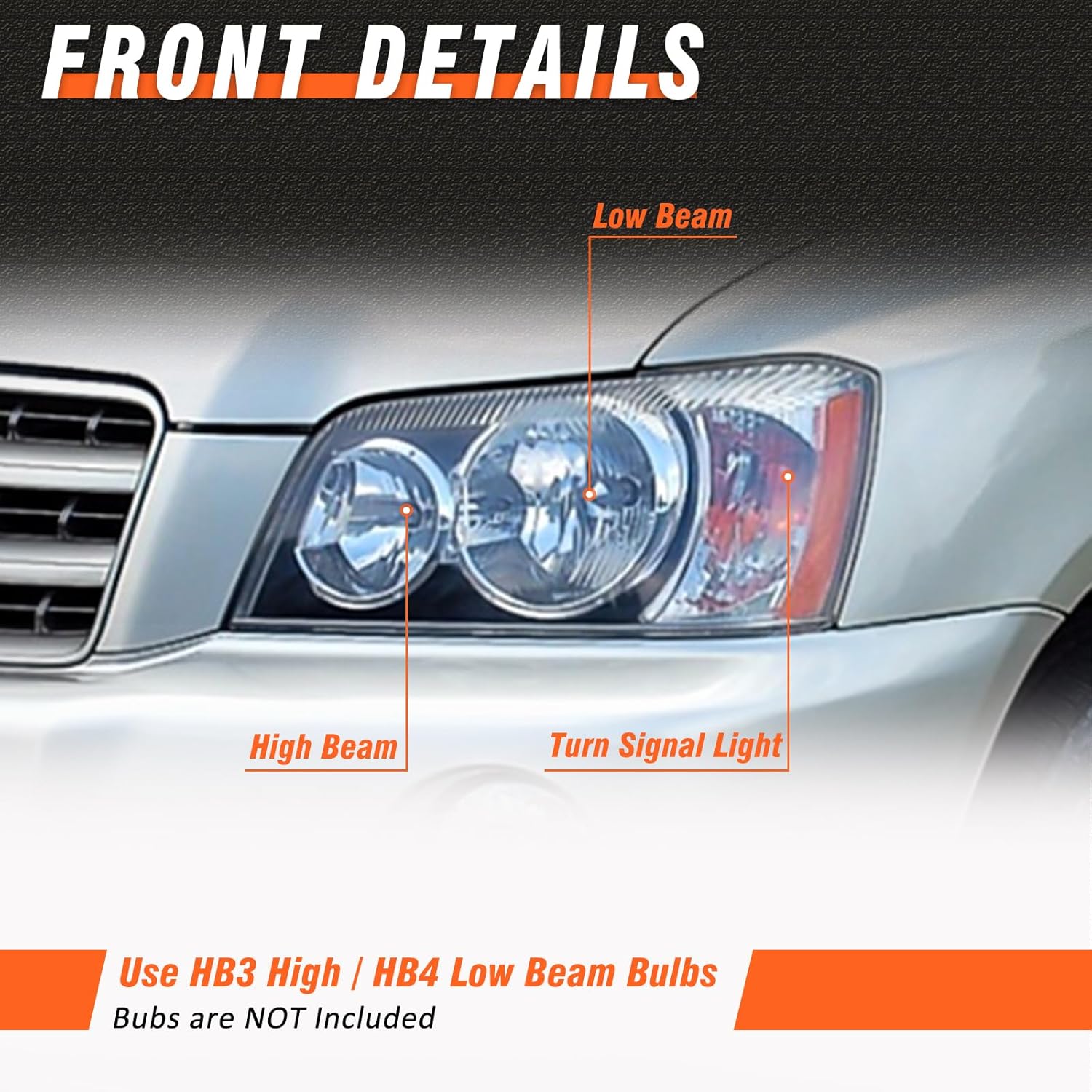 Headlight Assembly for 2001 2002 2003 Toyota Highlander with Clear Lens Chrome Housing Amber Reflector Replacement Left Right Pair