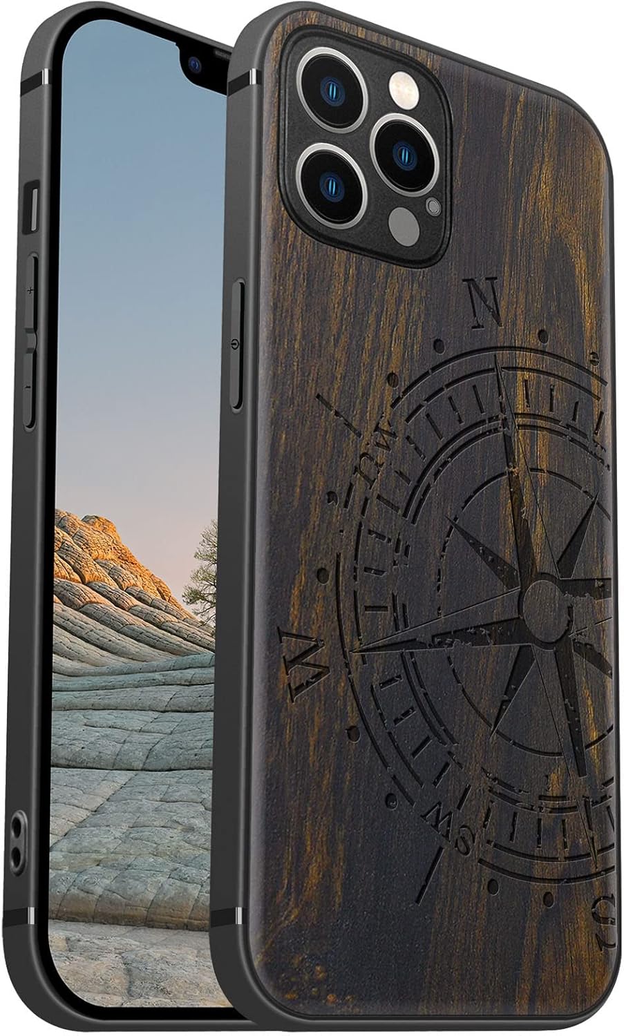 Carveit Magnetic Wood Case for iPhone 12 Pro Max Case [Natural Wood & Black Soft TPU] Shockproof Protective Unique & Classy Wooden Cover Compatible with MagSafe (Vintage Compass-Blackwood)