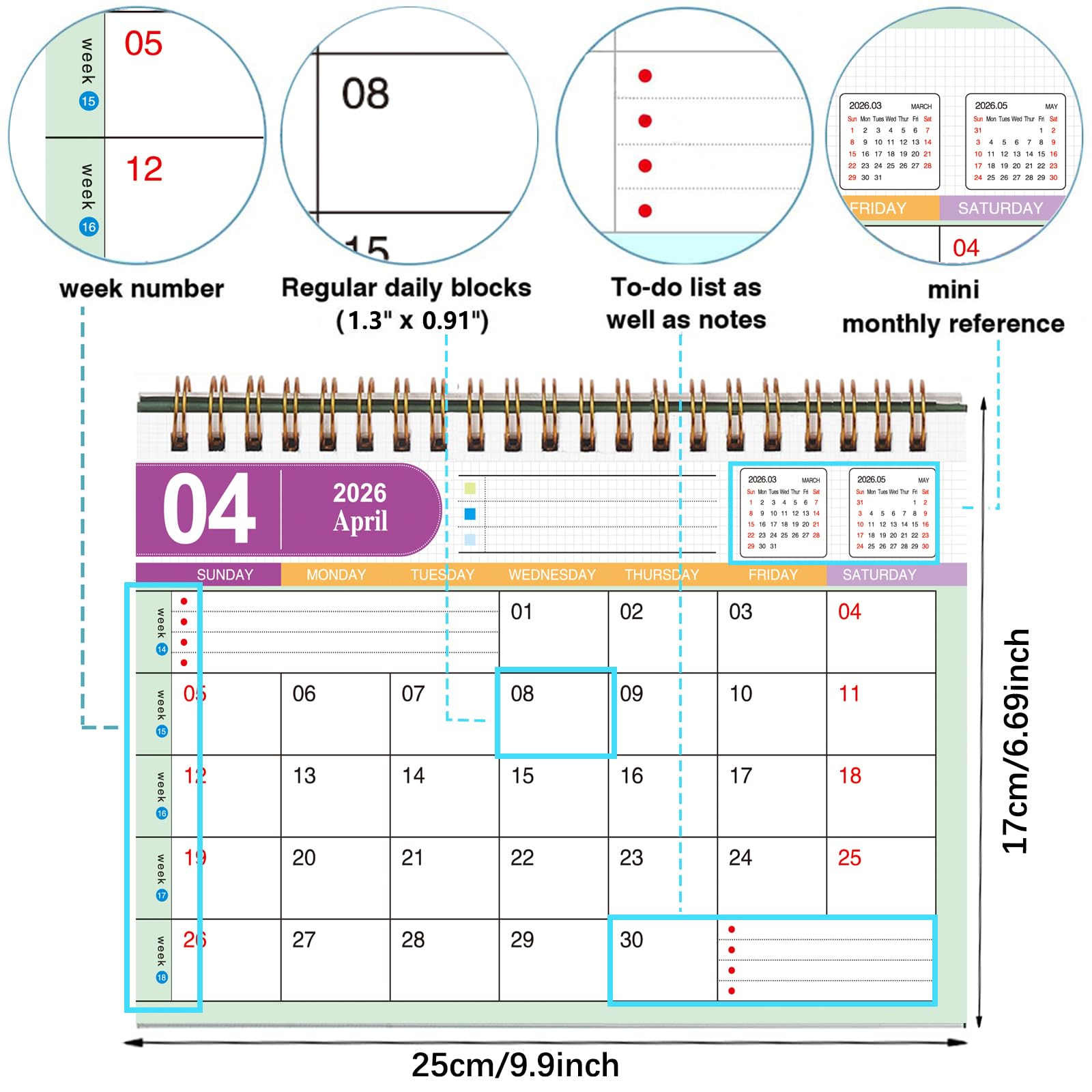 Tischkalender 2025–2026, monatlicher Schreibtischkalender von Juli 2025 bis Dezember 2026 – Stehender Flip-Desktop-Kalender – dickes Papier Doppeldrahtbindung für Zuhause oder Büro (L-Grün)