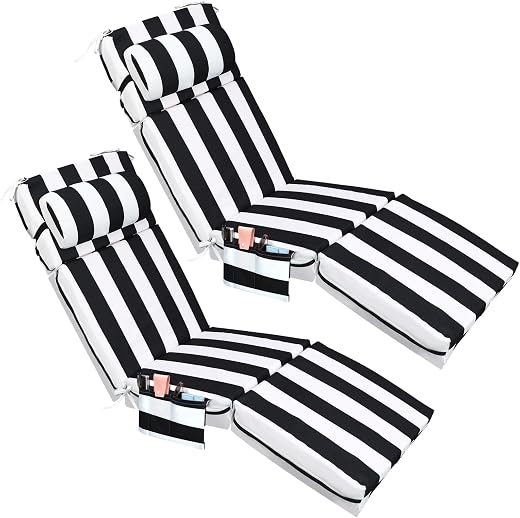 Wenqik 2 Pcs Indoor and Outdoor Lounger Pads with Pillows with Side Pockets Sponge Bench Pads Outdoor Furniture Chaise Lou...