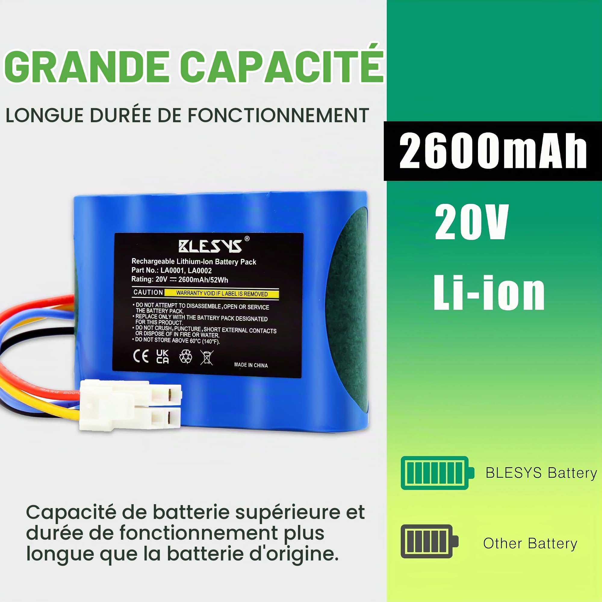 BLESYS Batterie pour Robot Tondeuse Landxcape LX790i LX790 LX792 LX795 LX796 LX797 LX991 Ferrex 800 m2 2021, Batterie de Rechange pour Tondeuse Automatique LA0001 LA0002 WA3230 WA3231 [20V, 2600mAh]