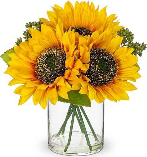 DILATATA Artificial Sunflower Arrangement in Clear Glass Vase with Fake Water, 9.4" Realistic Faux Sunflowers Table Decor for Farmhouse Home, Rustic Centerpieces for Kitchen Dining Living Room Office