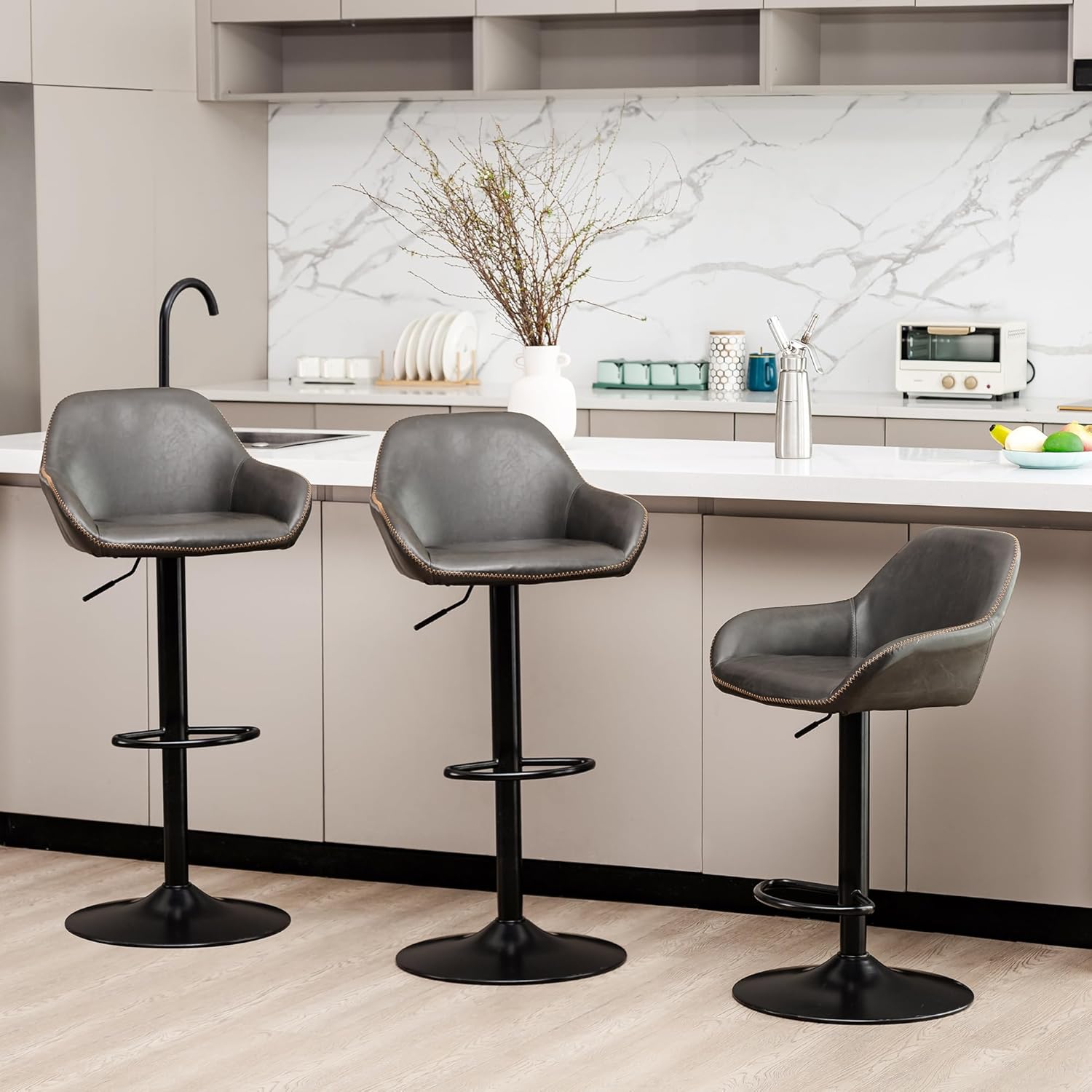 Glitzhome Swivel Bar Stool, Adjustable Faux Leather Counter Height Bar Chair with Back Support and Footrest, PU Upholstered for Kitchen Island Dining Room Pub Home Bar, Dark Grey