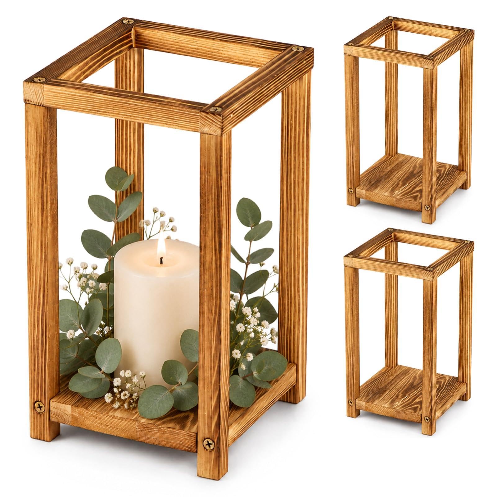 BLOMZA 3 Pcs Wooden Wedding Lantern Centerpieces Set Includes 3 Rustic Candle Holders 5.5 x 5.5 x 10inch for Farmhouse Table Decorations Party Valentine Home Decor with Non-Slip Pad Brown