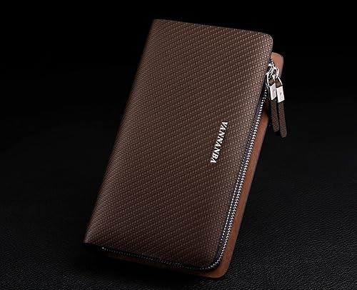 Miniatura 6 de VANNANBA Billeteras grandes de cuero con doble cremallera larga para negocios, soporte para teléfono, regalo para padre e hijo, Marrón