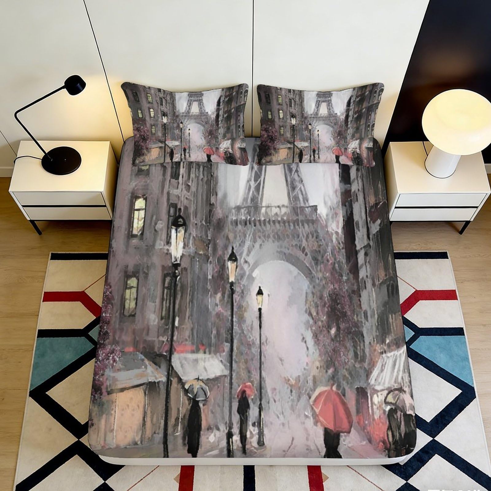 3D Printed Paris Street View Fitted Sheet Microfiber Soft Anti-Slip Umbrella Scene Mattress Cover for Bedroom Guestroom 90x200x25cm