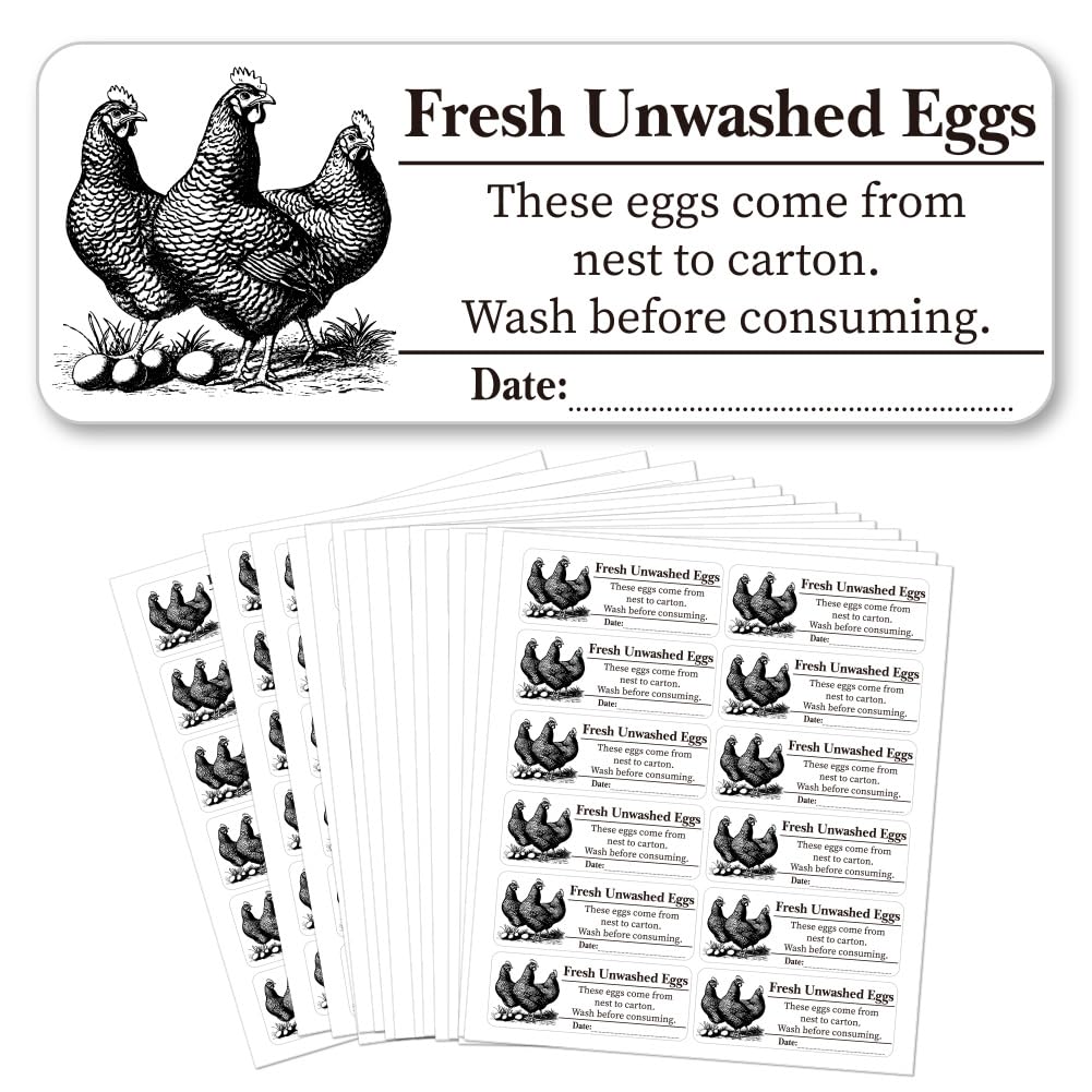 GOMAKERER 180 Pcs Farm Fresh Eggs Sticker, 1x2.64 Inch(2.5x6.7cm) Retro Style Unwashed Egg Carton Labels PET Adhesive Egg Packaging Stickers for Box