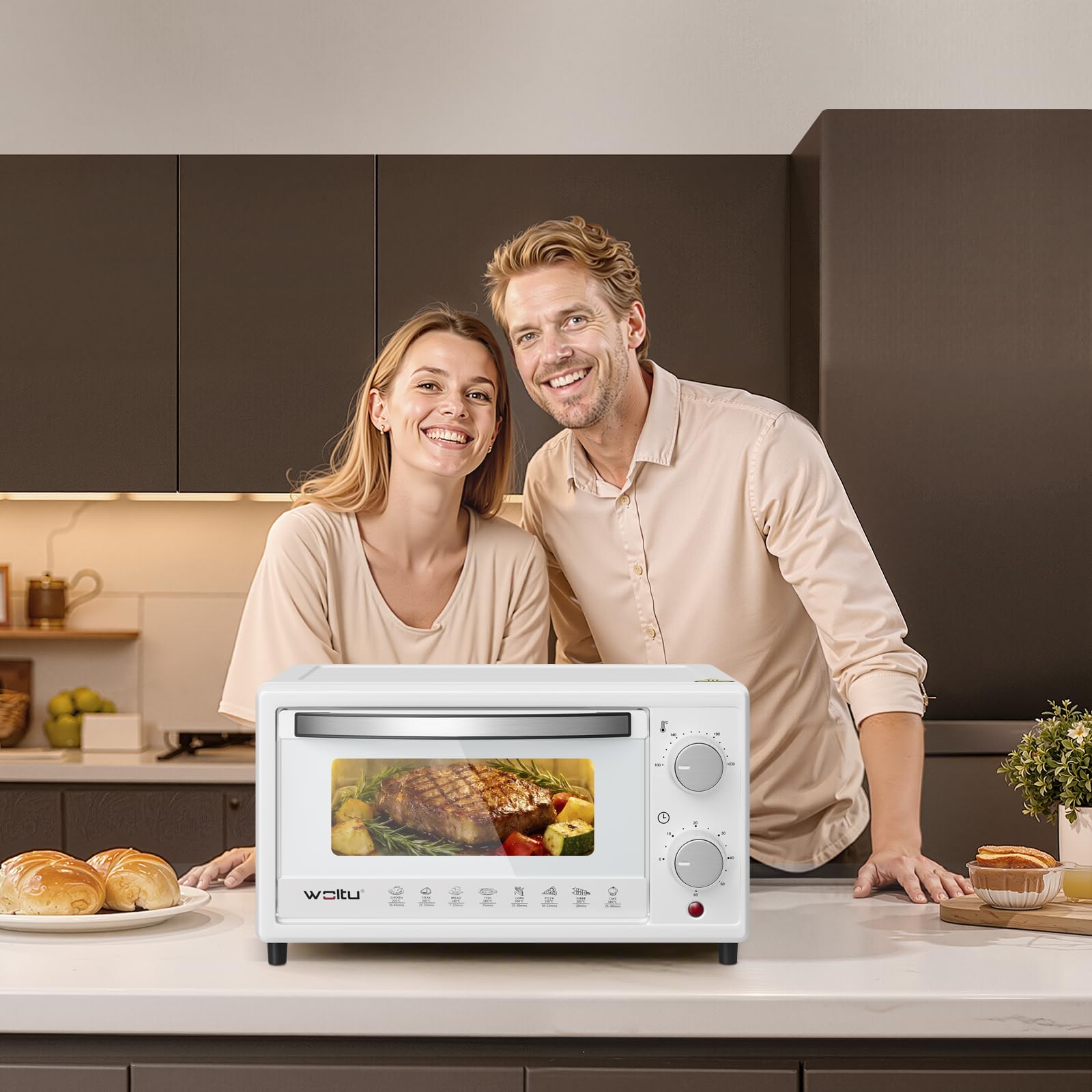 WOLTU Mini Horno Electrico 10 L, 800 W, Horno Pequeño Sobremesa, Mini Horno Tostador 100-230℃, Temporizador 0-60 Min, Blanco