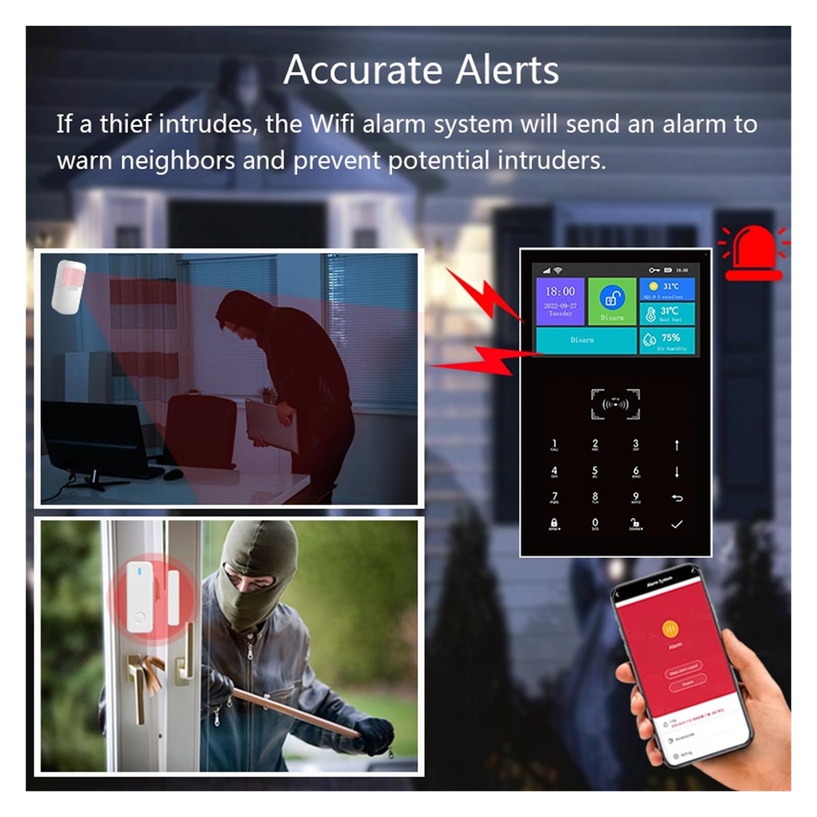 Sistemi Sicurezza Casa Smart Life Home di allarme sicurezza GSM Schermo da 4,3 pollici Host WIFI con porta e sensore movimento App Control Work(PG109 Host)