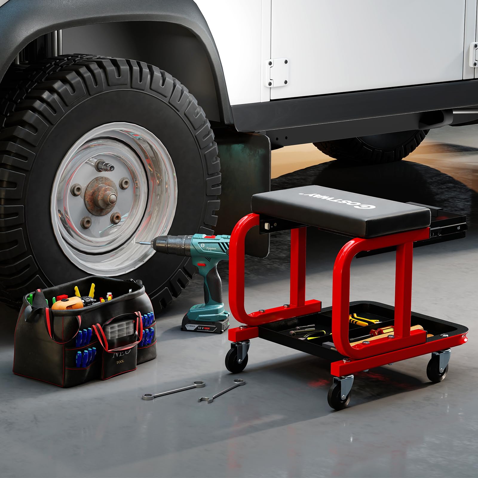 COSTWAY Taburete de Taller con Ruedas, Taburete Mecánico Acolchado con Cajón, Bandeja para Herramientas, Capacidad de Carga de 185 kg, Asiento Giratorio para Garaje, Reparación de Automóviles (Negro)